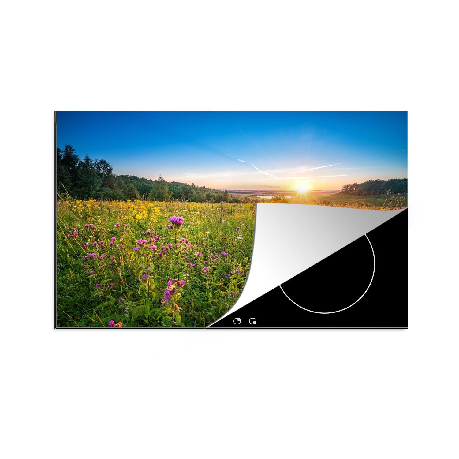MuchoWow Herdblende-/Abdeckplatte Sonne - Gras - Blumen, Vinyl, (1 tlg), 80x52 cm, Induktionskochfeld Schutz für die küche, Ceranfeldabdeckung
