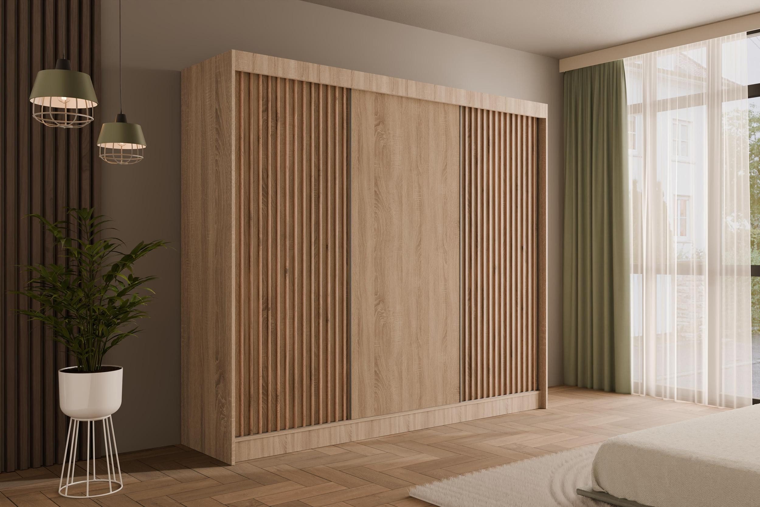 ALTDECOR Schiebetürenschrank VILANv2 (Kleiderschrank Garderobenschrank mit viel Stauraum Moderner Schrank) Vielseitiger Schwebetürenschrank Lamellen LED Beleuchtung