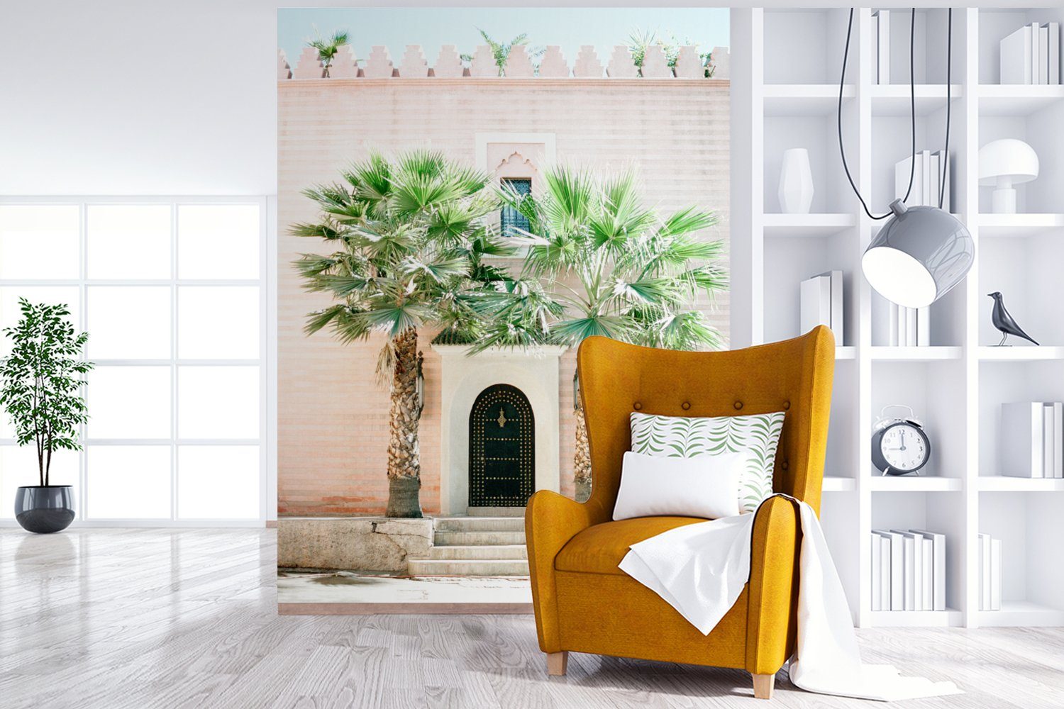 Wohnzimmer, Marrakesch (4 Matt, - Wandtapete Palme Tapete Fototapete MuchoWow Montagefertig Tür für Tropisch, bedruckt, St), - - Vinyl Weiß -