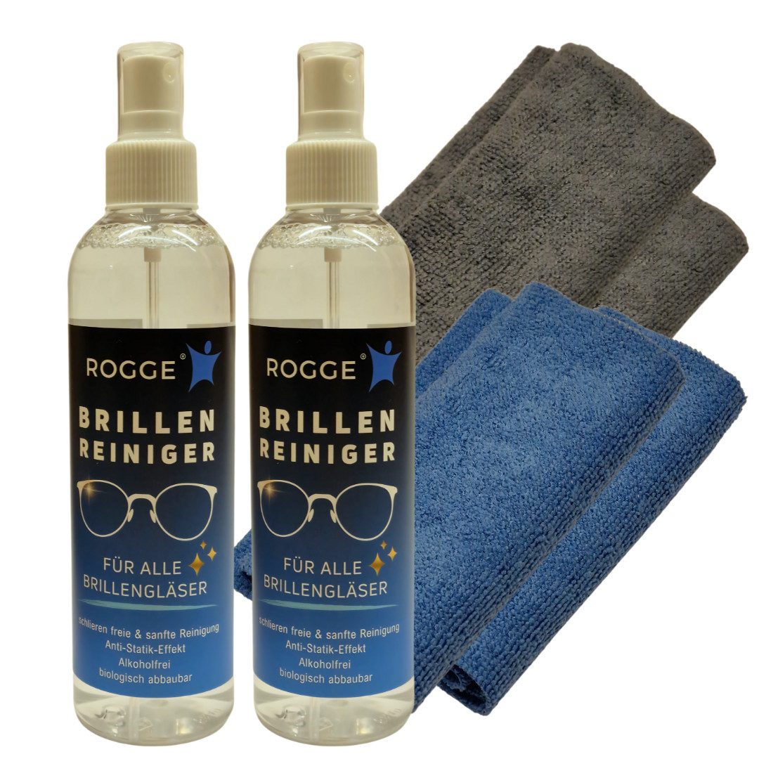 Rogge Reinigungs-Set Brillen Reiniger Doppel-Set, 2x 250ml, 4x Mikrofasertücher, (2-St., Familie Sparset), Brillenreiniger streifenfreie Reinigung von allen Brillengläsern