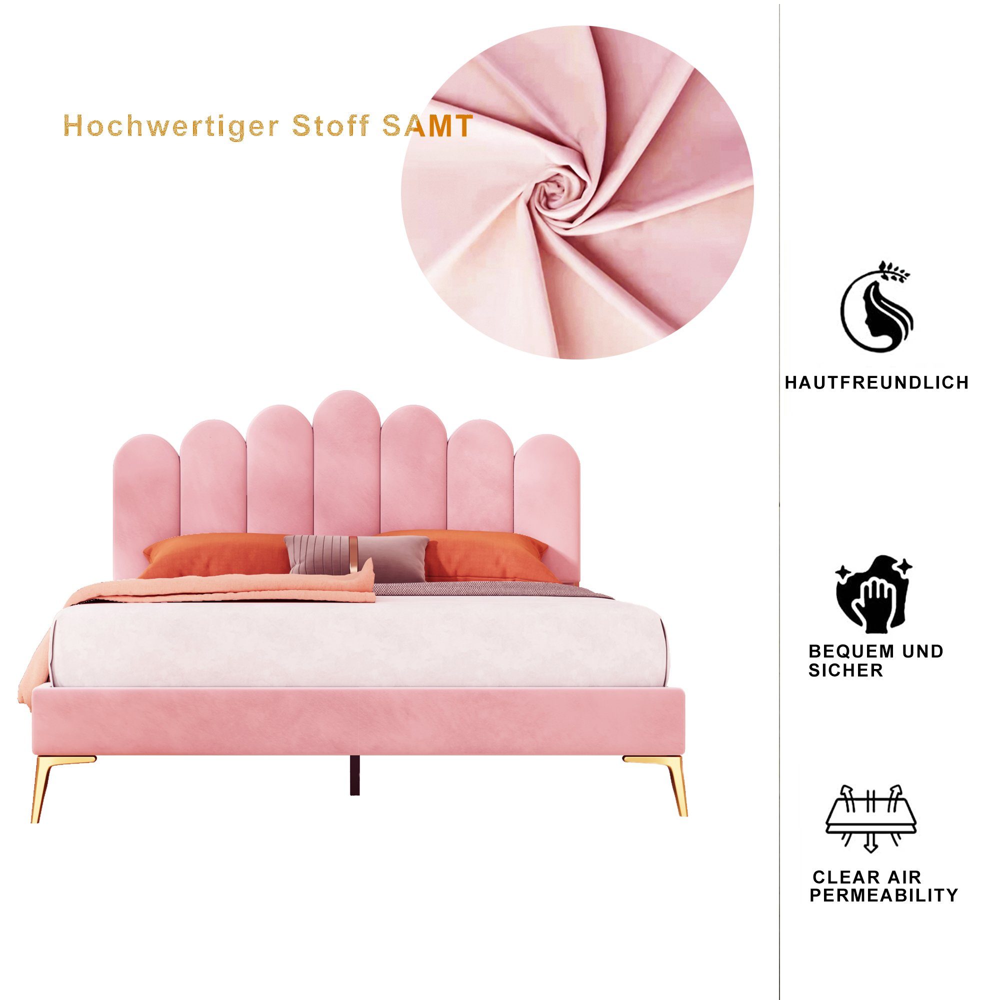 Polsterbett (Doppelbett 140 x 200 cm, ohne Matratze), mit Finger-Form & Verstellbares Kopfteil und Lattenrost, Samtstoff