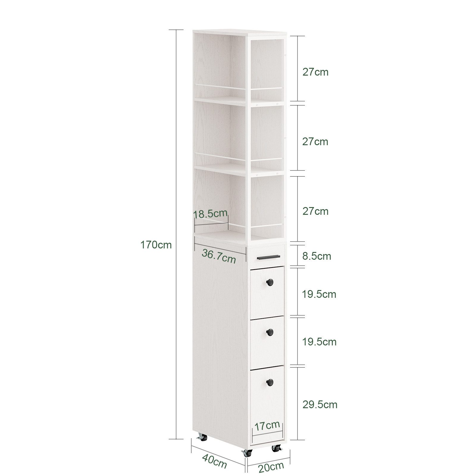 SoBuy Hochschrank NSR13, Küchenwagen, Badschrank, Nischenwagen schmal 20 cm, auf Rollen Apothekerschrank mit 3 Schubladen, 3 Ablagen für kleine Küchen, Bad