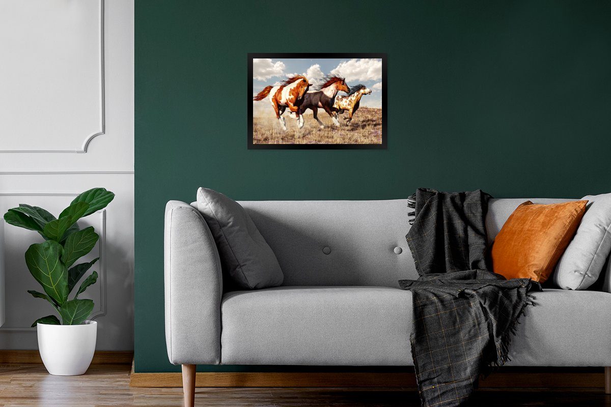 Poster Fell, - MuchoWow St), Pferde Gerahmtes Tiere (1 Gras Bilder, - - Bilderrahmen Wanddeko, Poster, Schwarzem Wandposter,