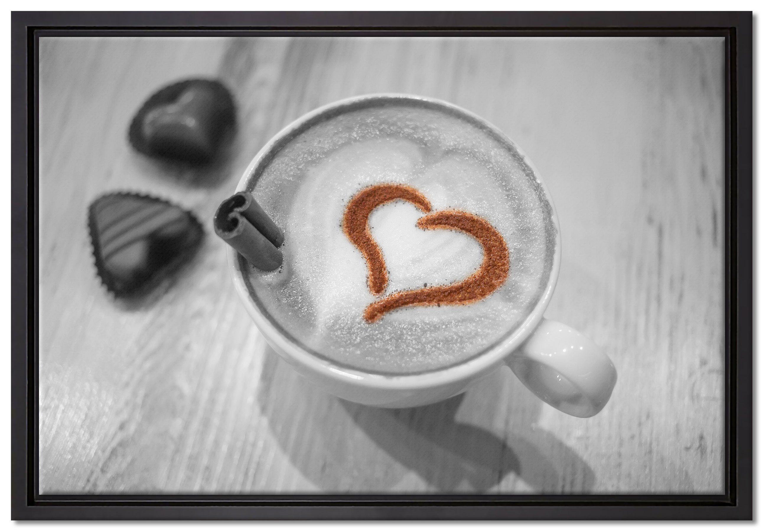 Pixxprint Leinwandbild Leckerer Kaffee mit Herz, Wanddekoration (1 St), Leinwandbild fertig bespannt, in einem Schattenfugen-Bilderrahmen gefasst, inkl. Zackenaufhänger
