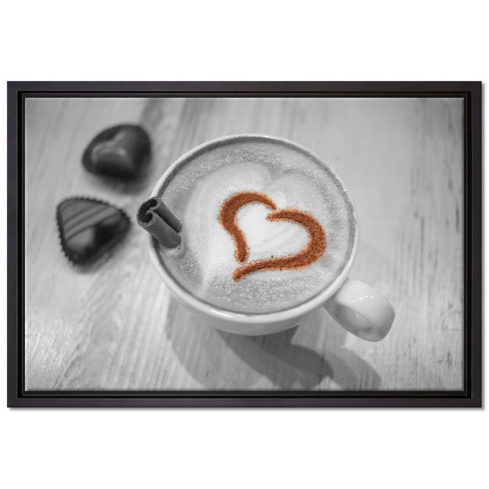 Pixxprint Leinwandbild Leckerer Kaffee mit Herz Wanddekoration (1 St) Leinwandbild fertig bespannt in einem Schattenfugen-Bilderrahmen gefasst inkl. Zackenaufhänger