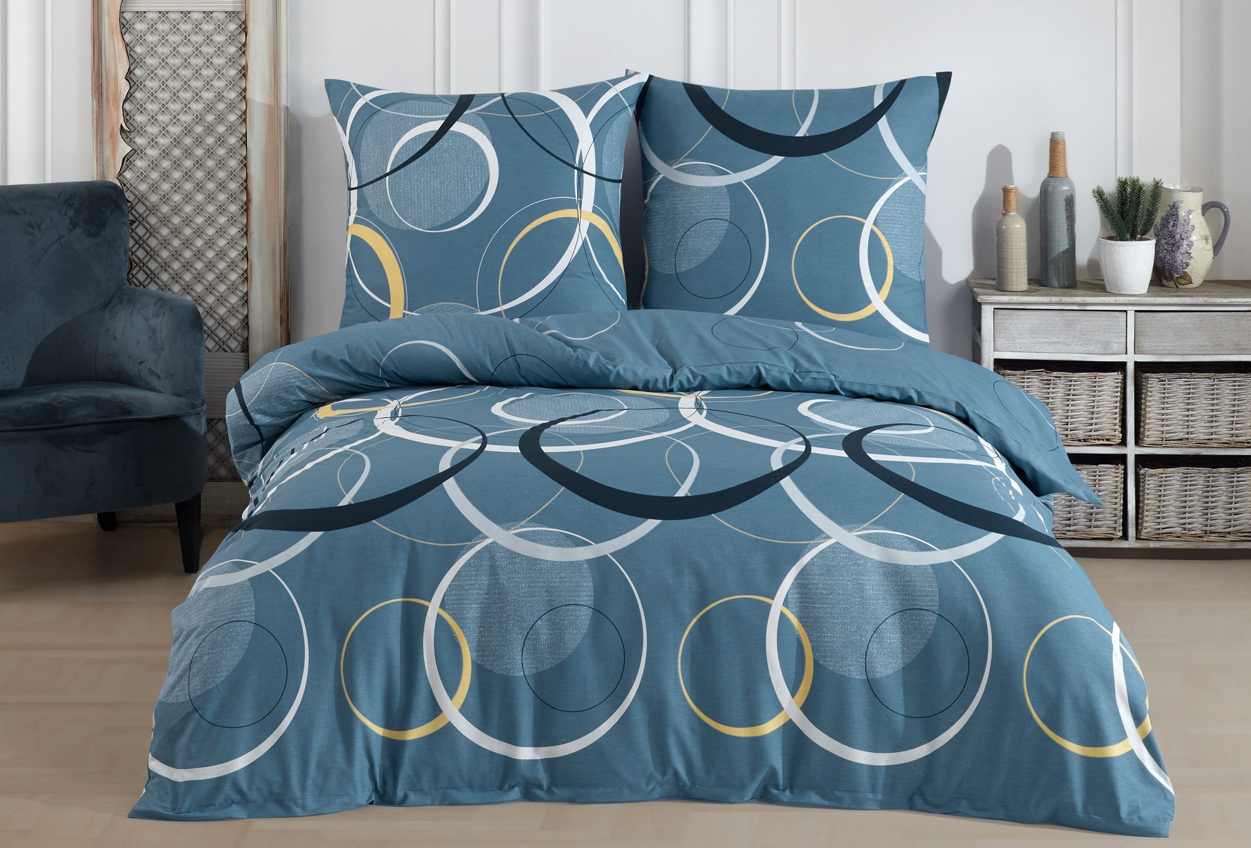Buymax Bettwäsche Wave, Bettgarnitur, Bettbezug Set, Renforcé: 100% Baumwolle, 2 teilig, mit Reißverschluss, gemustert, Kreise, Blau, Petrol, 135x200 cm