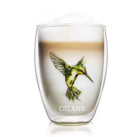Creano Teeglas Creano doppelwandiges Tee-Glas, Latte Macchiato, Thermobecher Kolibri, Glas, 1x bedrucktes Glas