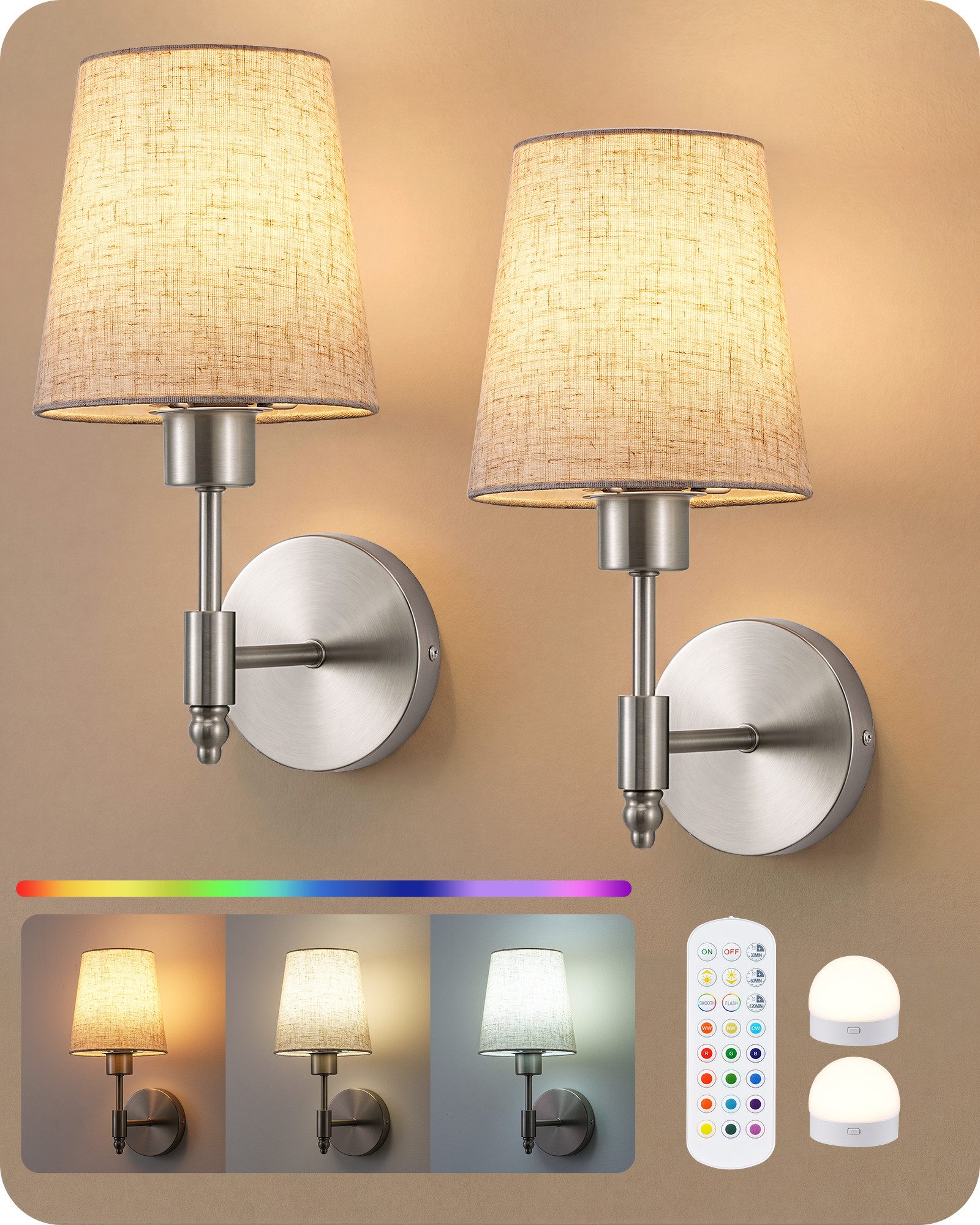 EDISHINE Wandleuchte 2er Set Akku Wandleuchten Innen mit Fernbedienung, 12 Farben RGB, LED wechselbar, 3000K-6500K, magnetische LED-Wandleuchten, 3000-6500K dimmbar, Timer