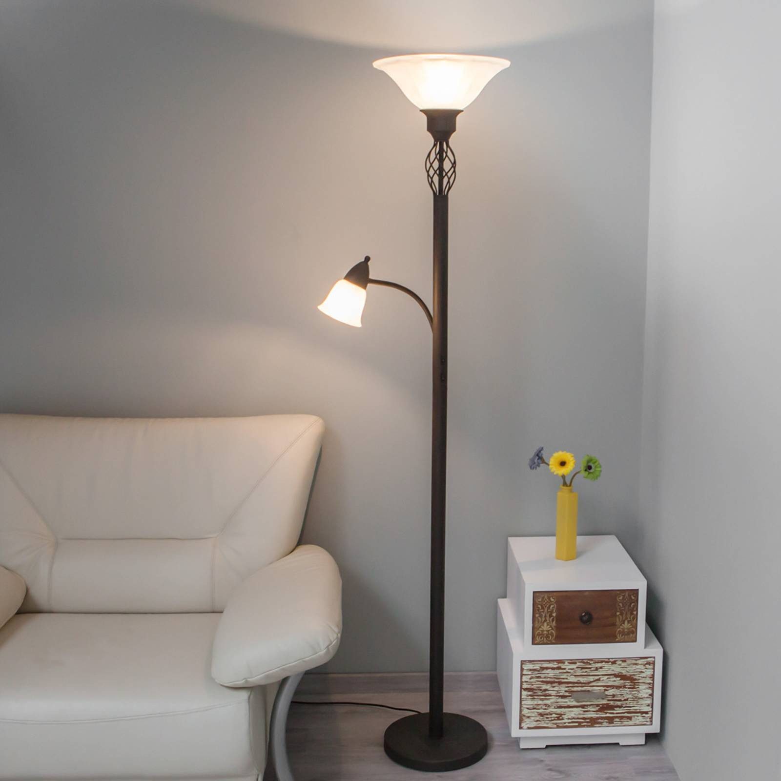 Lucande Stehlampe Dunja, Metall, Braun IP20, 1 x 15 W LED E27 + 1 x 10 W LED E14
