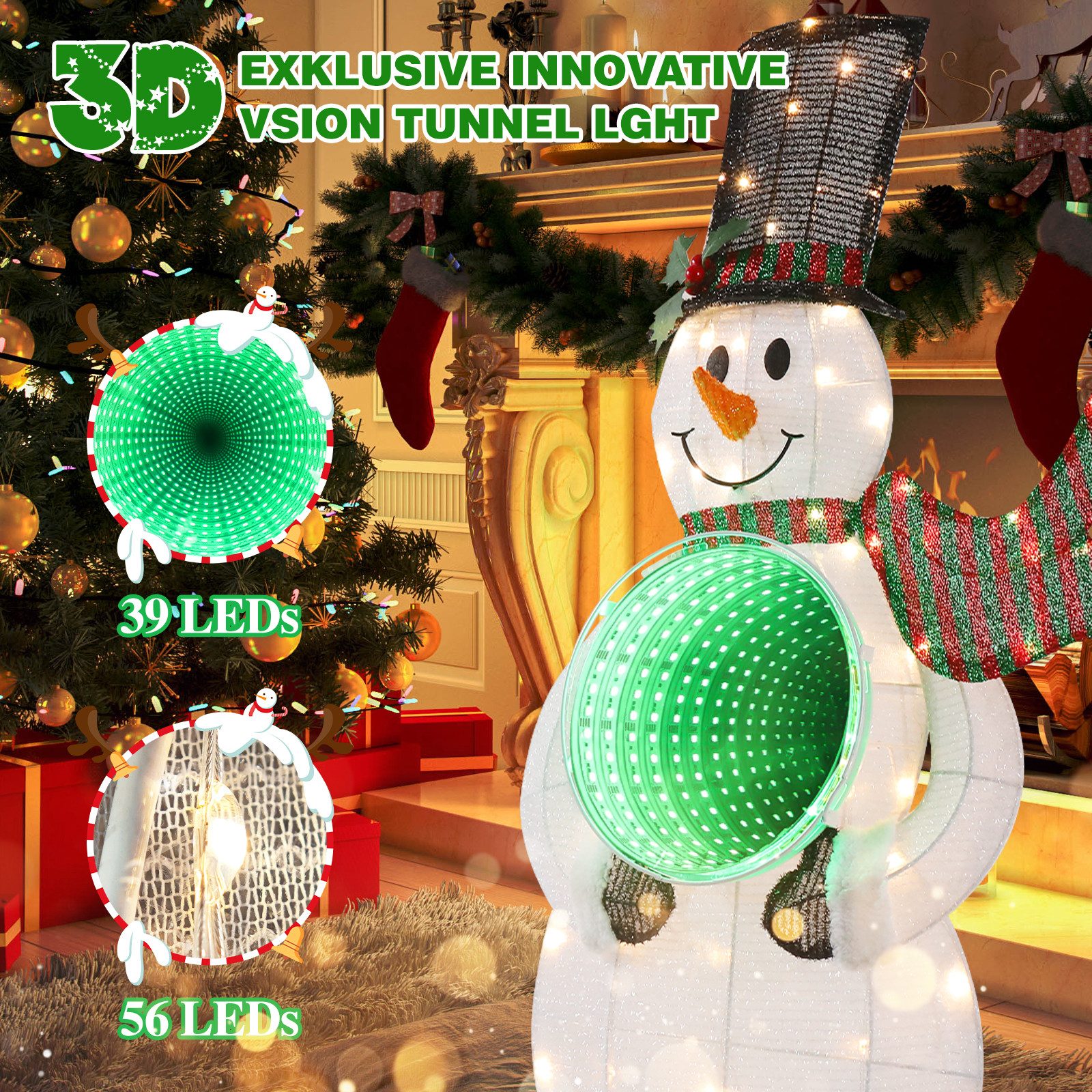 Elegear Schneemann Vertikale 92cm Schneemann mit Tunnel-Leuchte, LED Weihanchtsfigur (1 St), Weihanchten Deko für Outdoor/Garten/Indoor