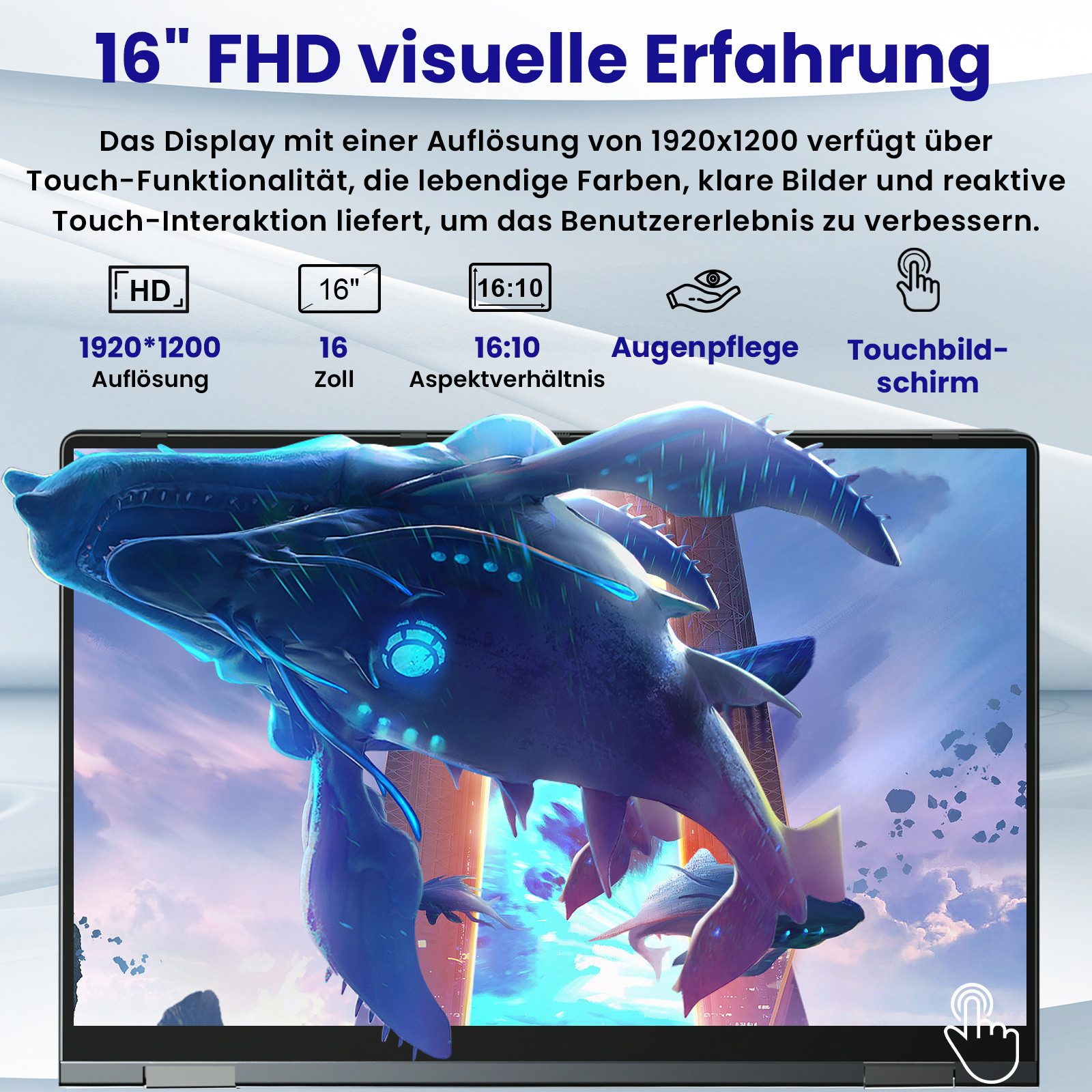 MENGHU 16 Zoll Touch-Laptop 16GB RAM 512GB SSD Beleuchtete DE-Tastatur Notebook (AMD Ryzen3 3300U, Radeon Vega 6, 16 GB, 512 GB SSD, 4-core CPU)