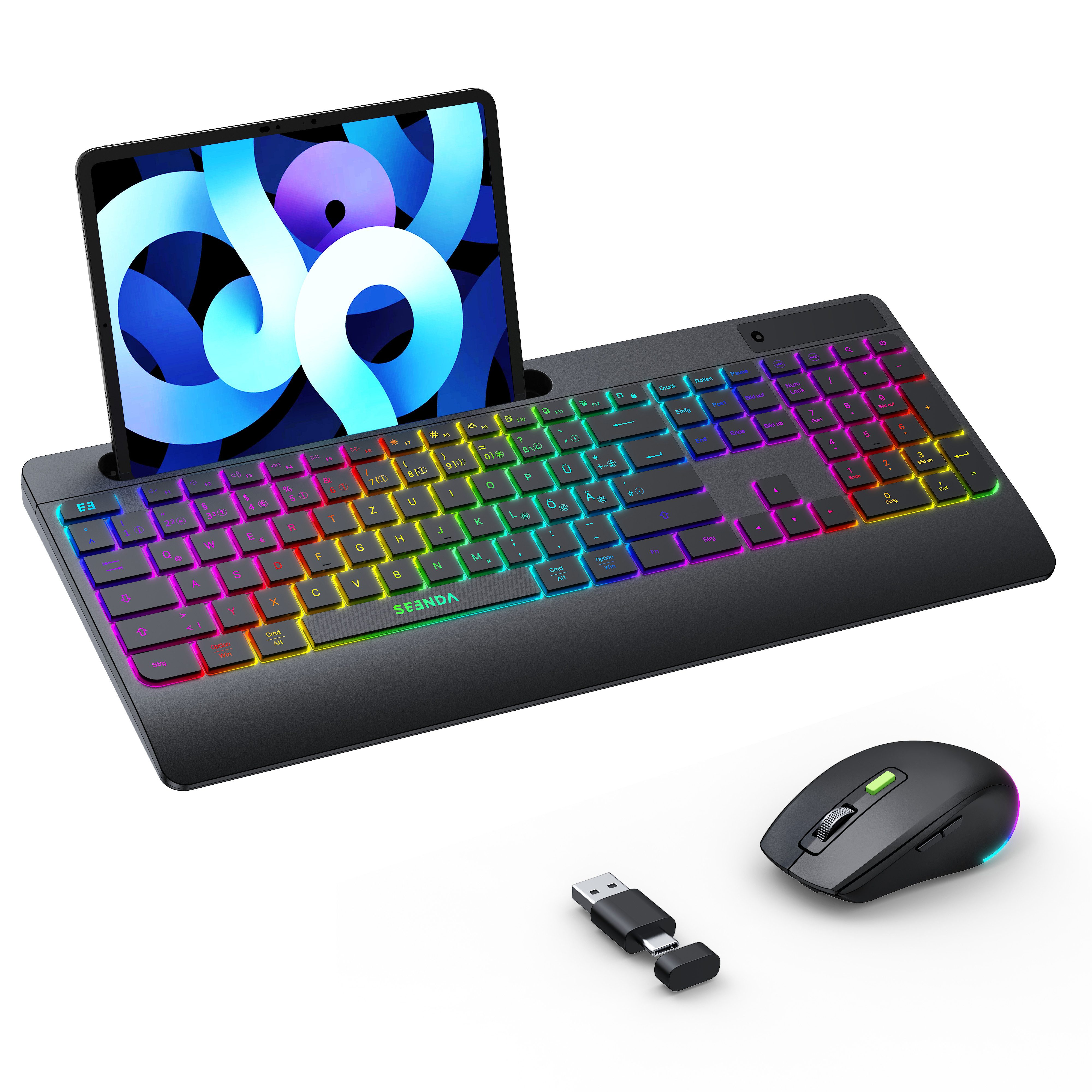 Seenda beleuchtet Tastatur Maus Set kabellos JPX006 QWERTZ Layout Tastatur- und Maus-Set, (Universeller 2-in-1-Empfänger (USB + Typ C), DPI-Stufen (800–1200–1600)mit Handballenauflage und Ständer