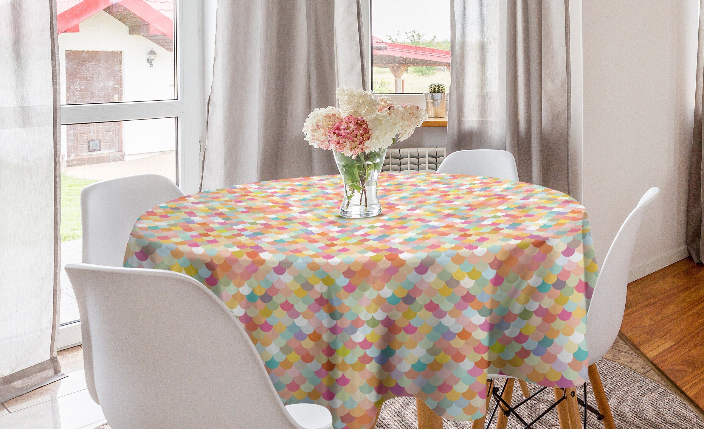 Tischdecke Küche und für Tischdecke Abdeckung Halbkreise Abakuhaus Esszimmer Mini Dekoration, Kreis Gelb Weiß