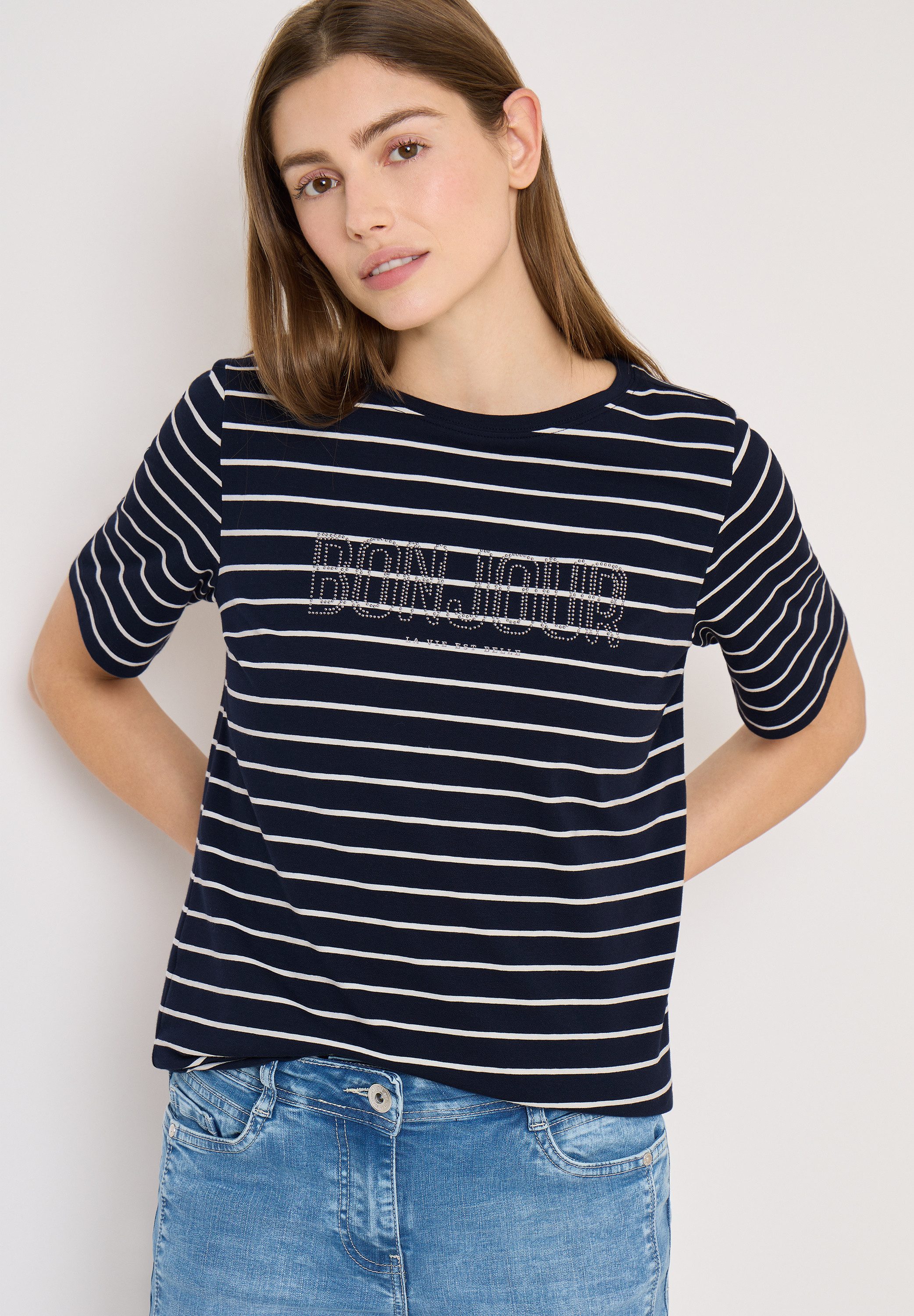 CECIL Kurzarmshirt Sommershirt mit Streifen und Wording
