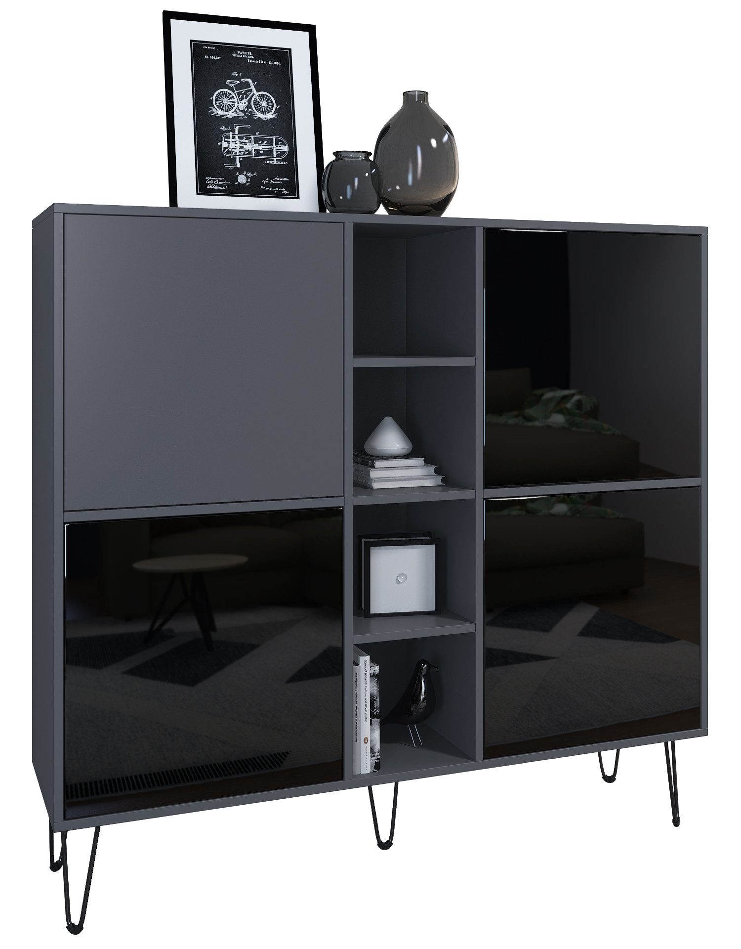 Vladon Highboard Havana V3 (Sideboard mit 4 Türen und 4 offene Fächer, Kommode Made in Germany), Anthrazit matt / Schwarz Hochglanz (130,5 x 124 x 35 cm)