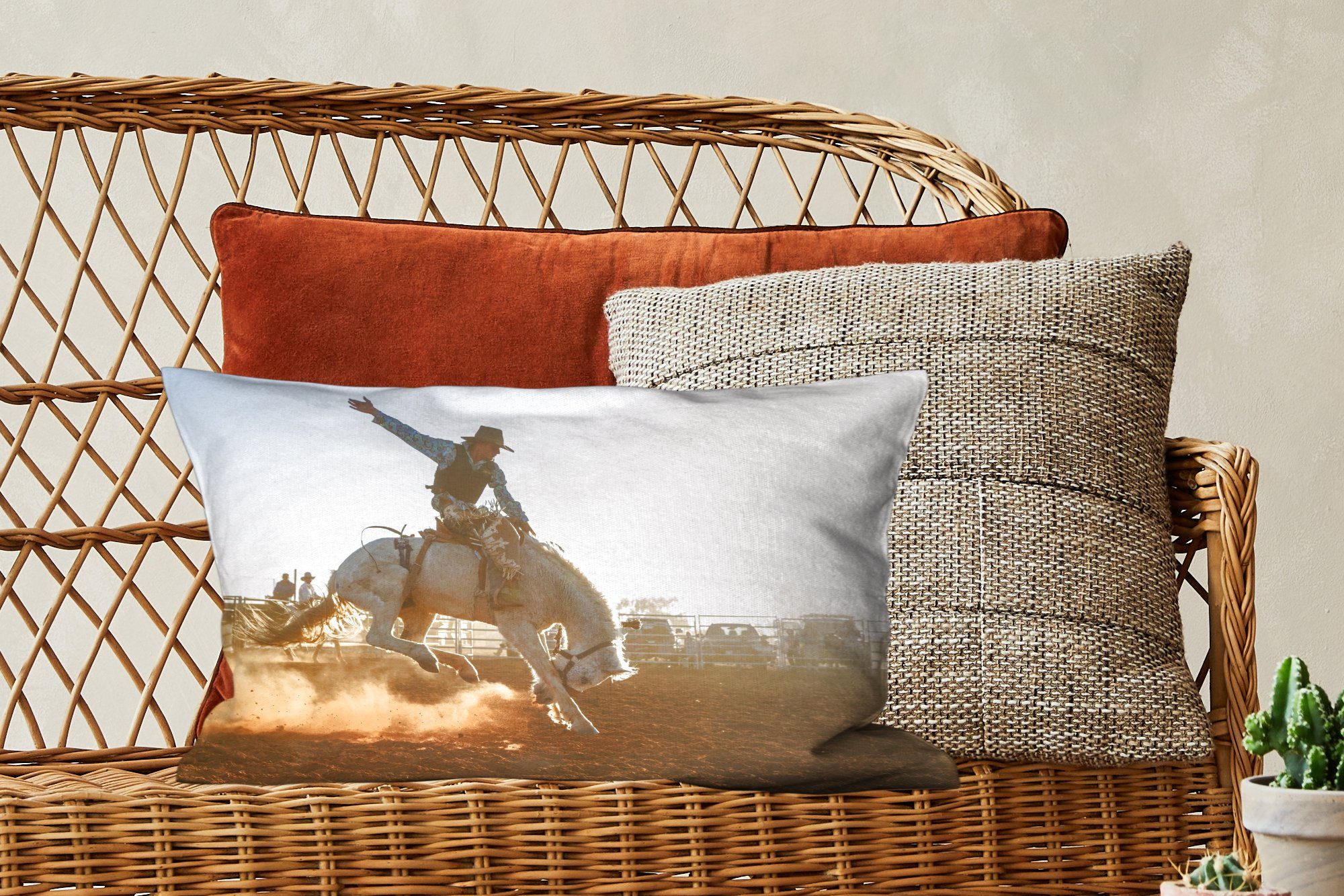 Stoff, Dekokissen Zierkissen, Schlafzimmer Dekoration, - Dekokissen Füllung, Wohzimmer Pferd mit - Cowboy MuchoWow