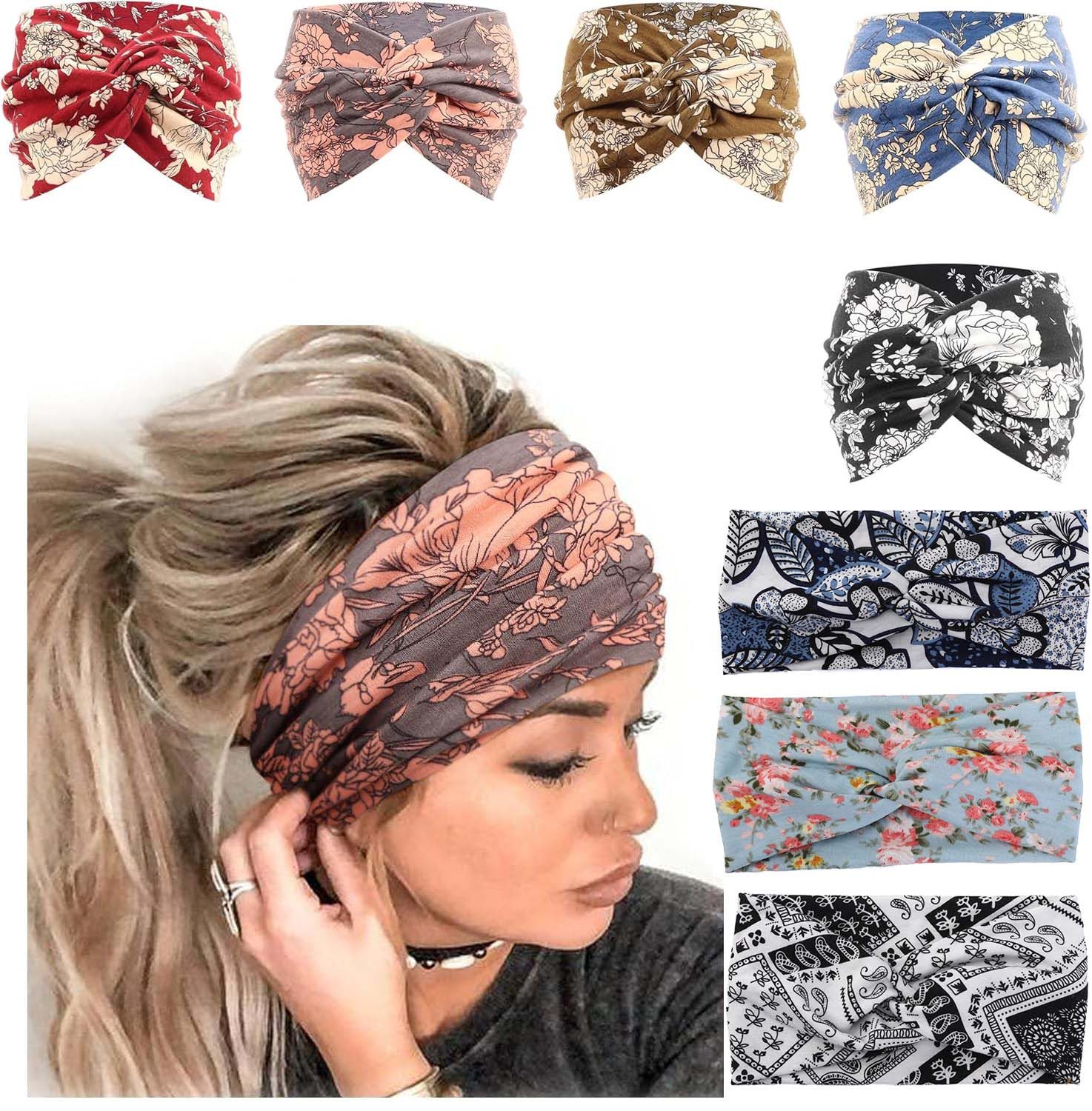 nsihing Haarband 8er Set Haarbänder Damen breite elastische weiche Boho-Stirnbänder, 8-tlg.