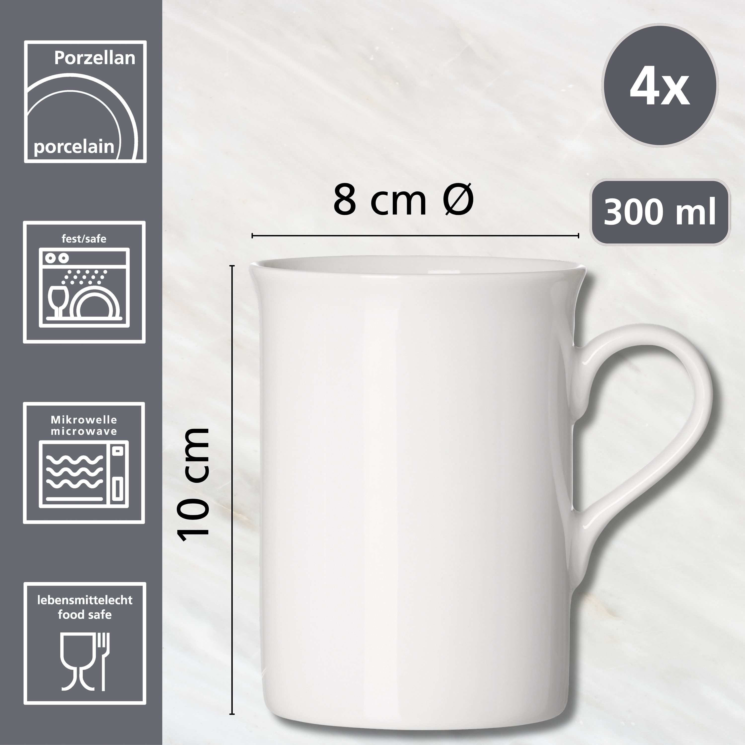 Ritzenhoff & Breker Becher Bianco, 4-tlg., Porzellan, Kaffeebecher, je 300 ml