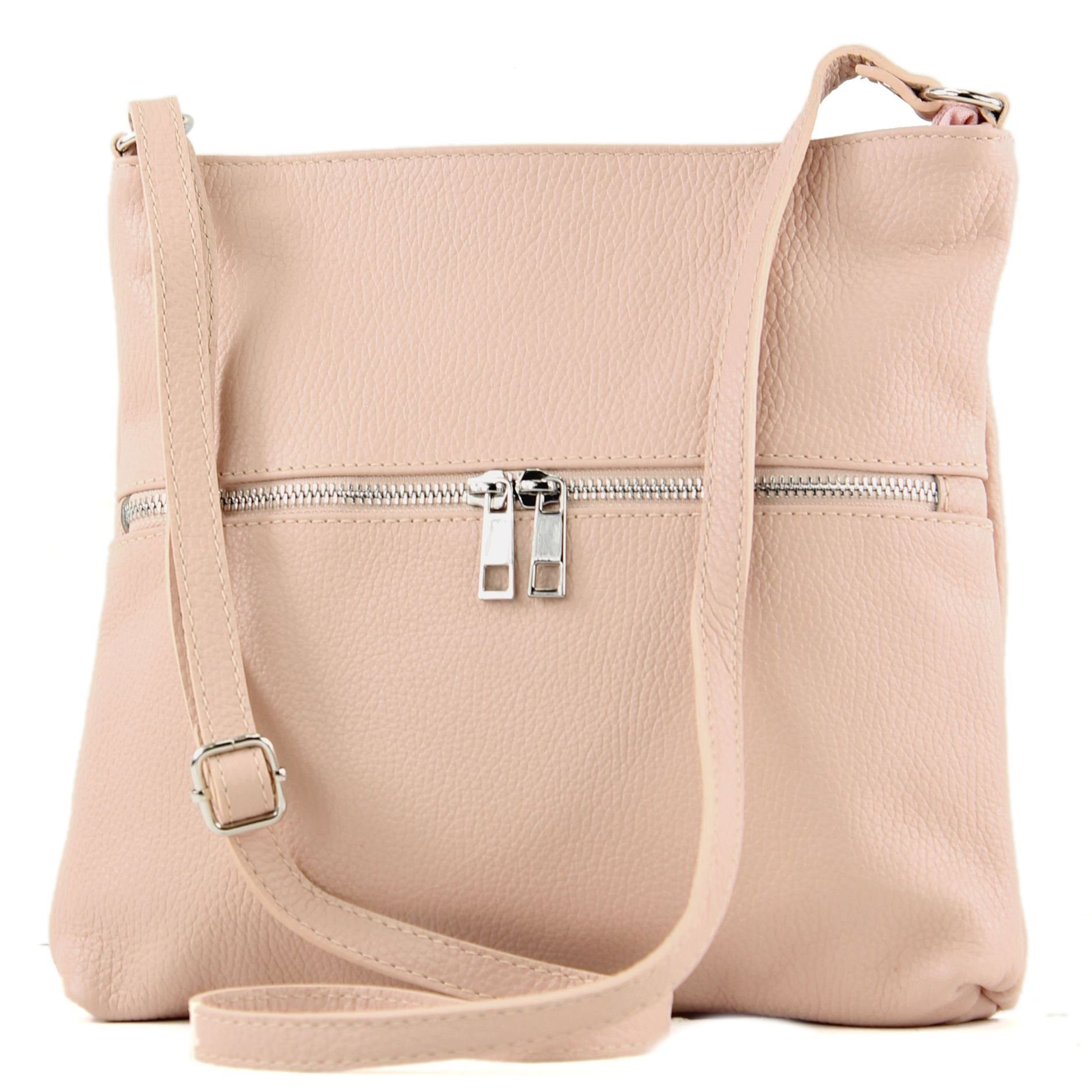 modamoda de Schultertasche T144v3, Echtleder Handmade in Italy Rosabeige