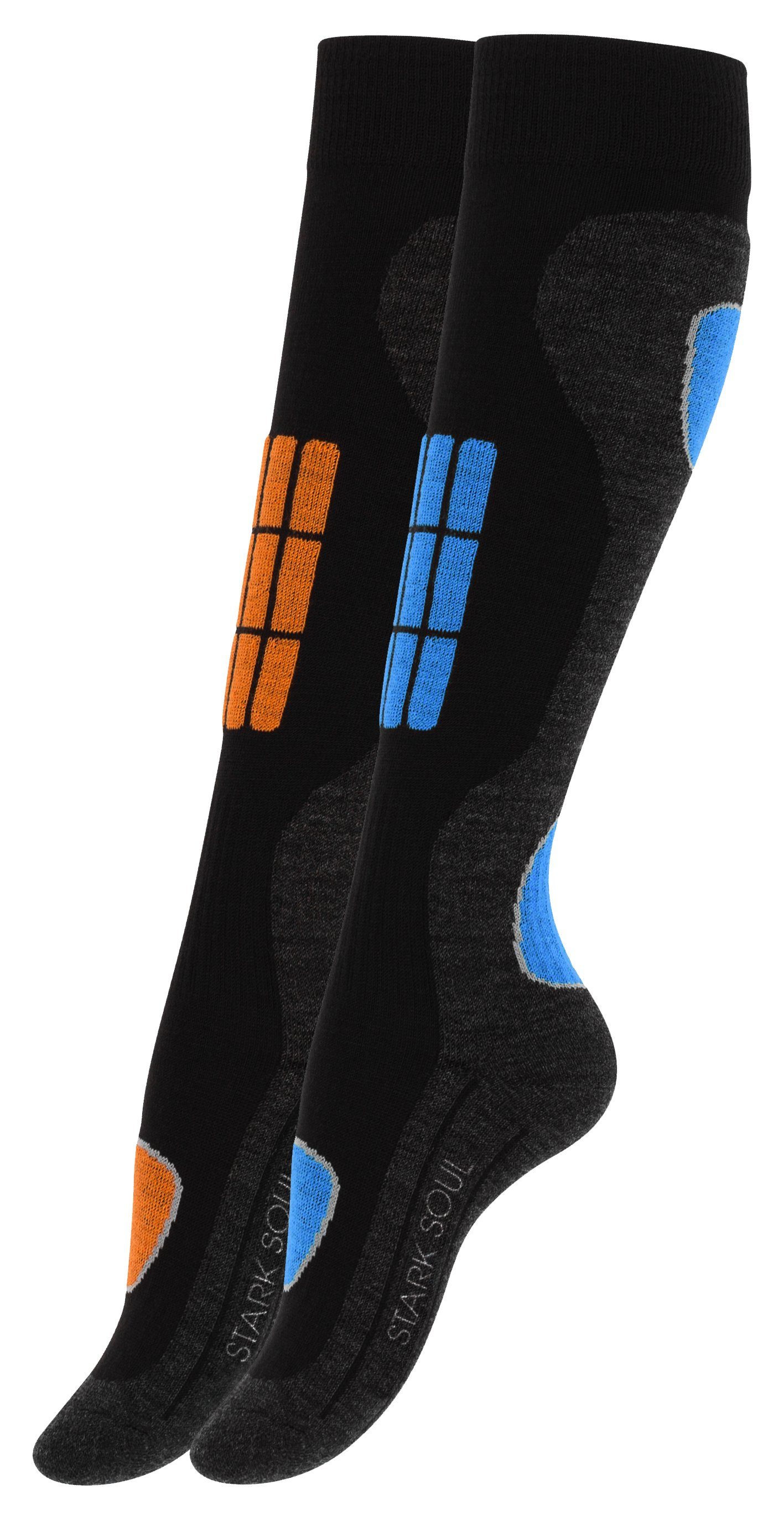 Stark Soul® Skisocken Ski & Snowboard Socken, Wintersport Socken mit Spezialpolsterung, 2 Paar 2er-Pack, Spezial -Polsterungen an den Belastungszonen, Dehnungszonen an Knöchel und Spann, flache Nähte, dickes Proteegewebe Blau/Orange