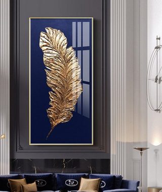 TPFLiving Kunstdruck (OHNE RAHMEN) Poster - Leinwand - Wandbild, Nordic Art - Goldene Feder auf blauem oder grauem Hintergrund - (2 Motive in 4 verschiedenen Größen zur Auswahl), Farben: Blau, Gold, Grau - Größe: 40x80cm