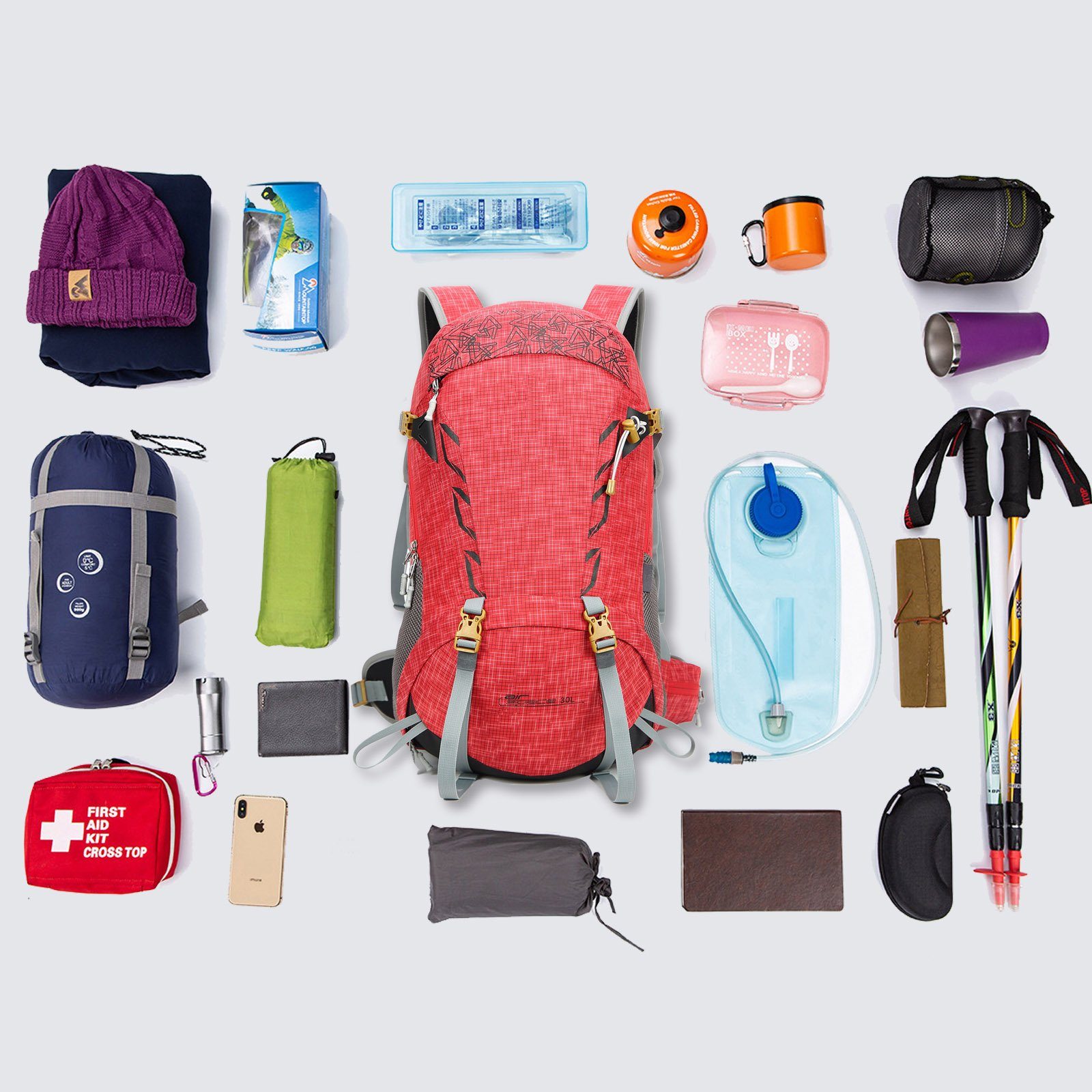 Rot mit Outdoor Rückenbelüftung, Wanderrucksack Camping Reisen Wasserdicht 30L mit Trekking Wanderrucksack Regenschutz (Einschließlich Regenschutz), TAN.TOMI für Großer