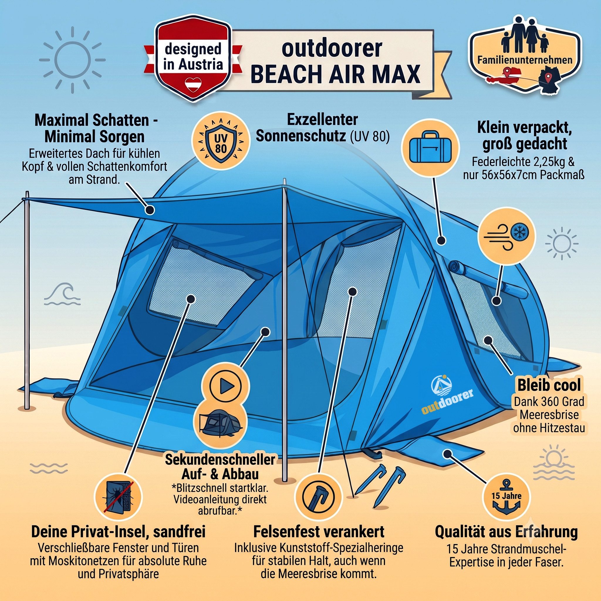 outdoorer Strandmuschel Pop-Up Beach Air Max mit UV 80-Sonnenschutz, Vordach & Belüftung, Personen: 4, verschließbare XXL-Strandmuschel mit kleinem Packmaß, kof – Bild 2 von 5