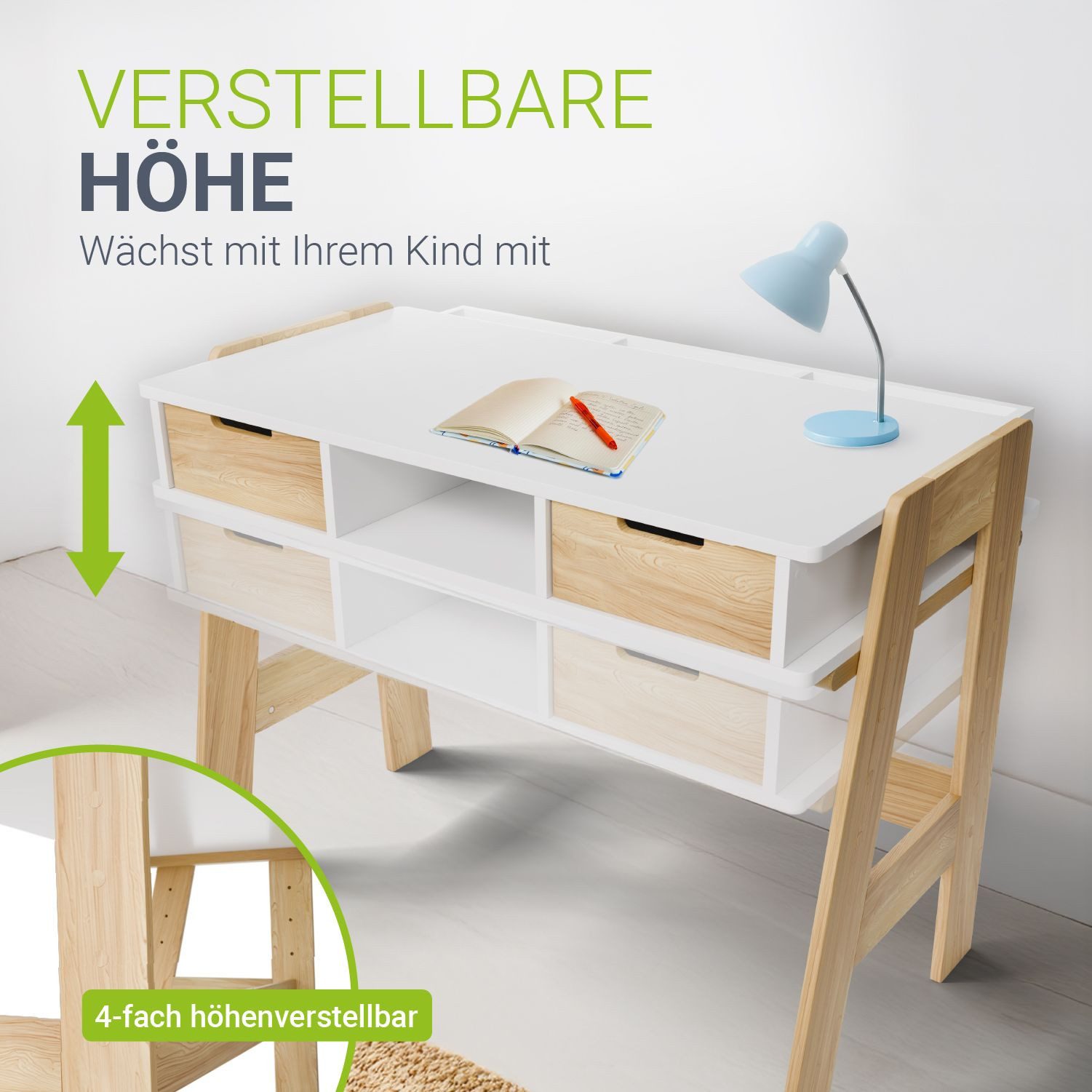 Juskys Kinderschreibtisch Fietje, Höhenverstellbarer Schreibtisch für Kinder, Holz, viel Stauraum – Bild 3 von 5