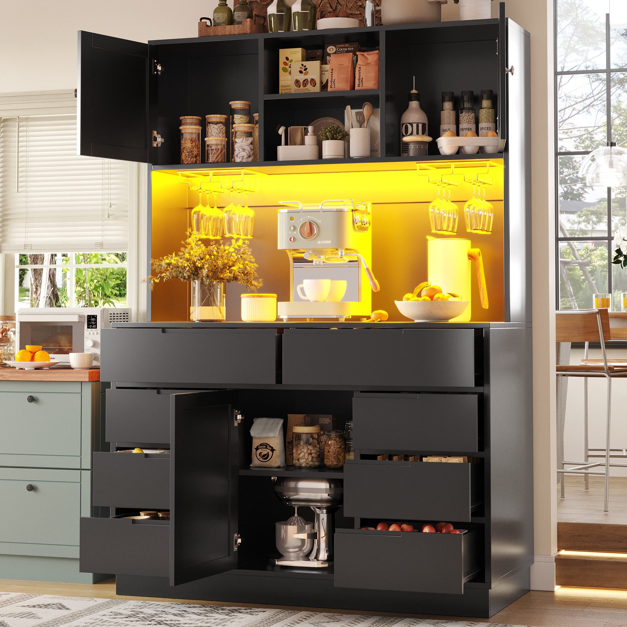 Flieks Küchenbuffet mit LED-Beleuchtung, Gläserhalter, 8 Schubladen und 3 Türen (1-St., B120/T40/H183,5 cm) Hochschrank Küchenschrank Geschirrschrank mit verstellbaren Ablagen