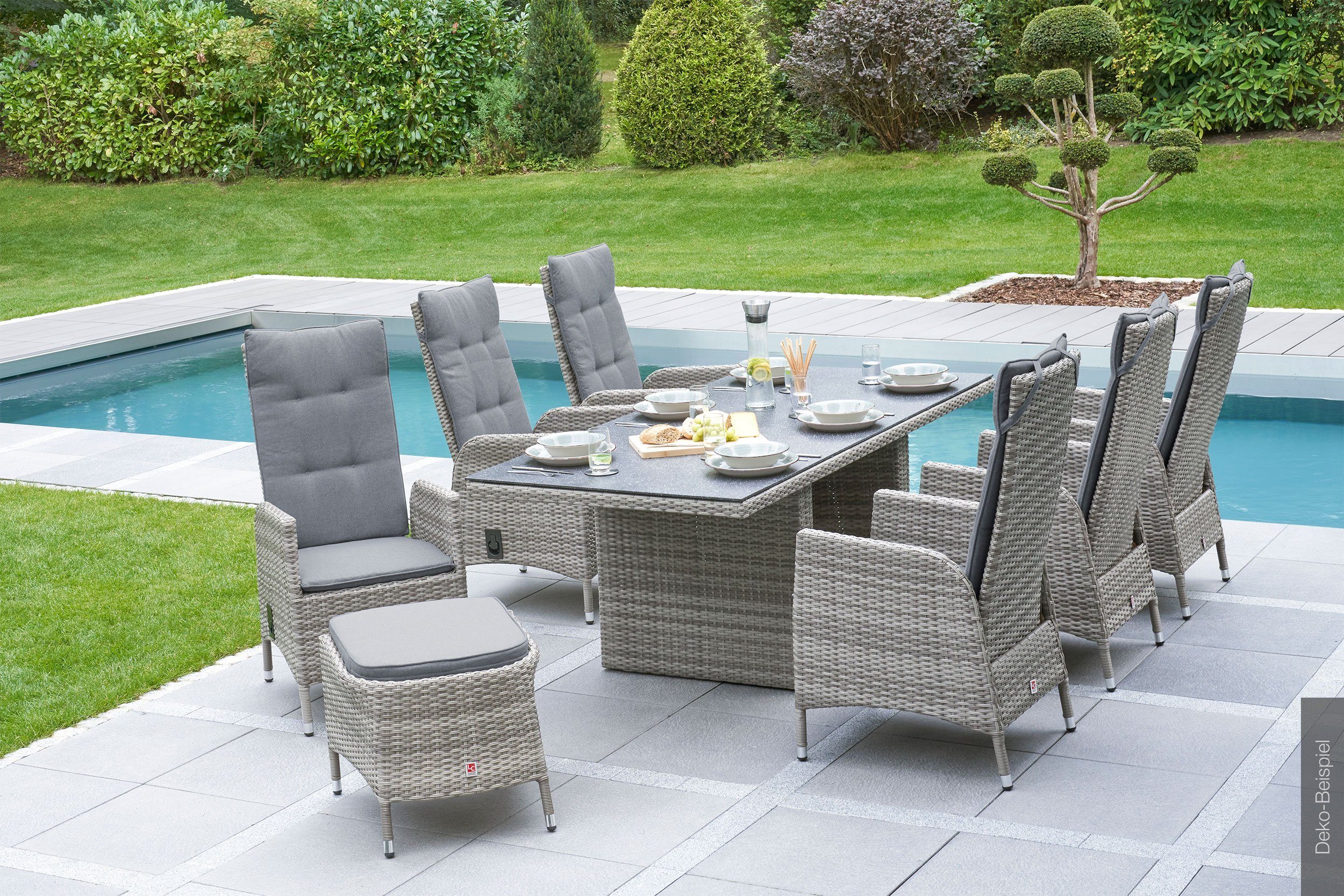 LC Garden Garten-Essgruppe Roma Dining Set III Sitzgruppe Gartenset natur Gartenmöbel Set, (Set, 7-tlg), mit bequemer Polsterung, stufenlose verstellbare Rückenlehne