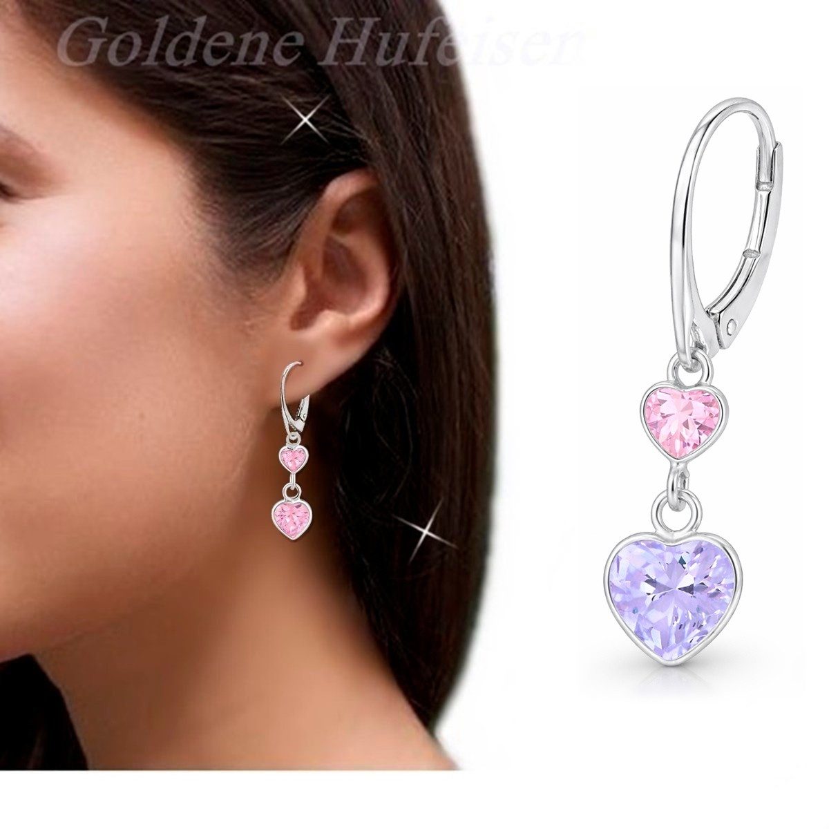 Goldene Hufeisen Paar Ohrhänger Zirkonia Herz Herzchen Brisur Ohrringe aus 925 Sterling Silber (1 Paar, inkl. Etui), Damen Mädchen Hängeohrringe