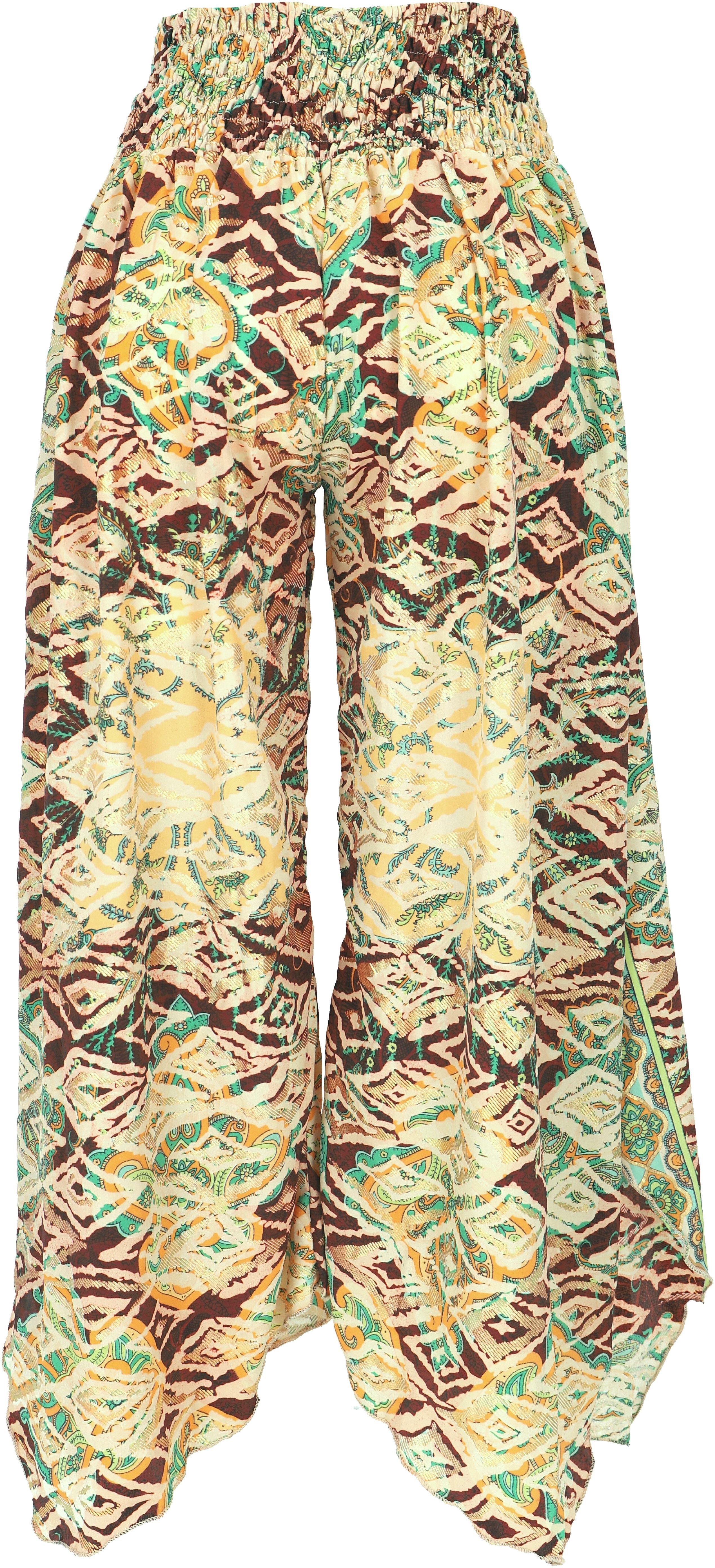 Guru-Shop Relaxhose Palazzohose, weite Boho Sommerhose - vanille/grün alternative Bekleidung