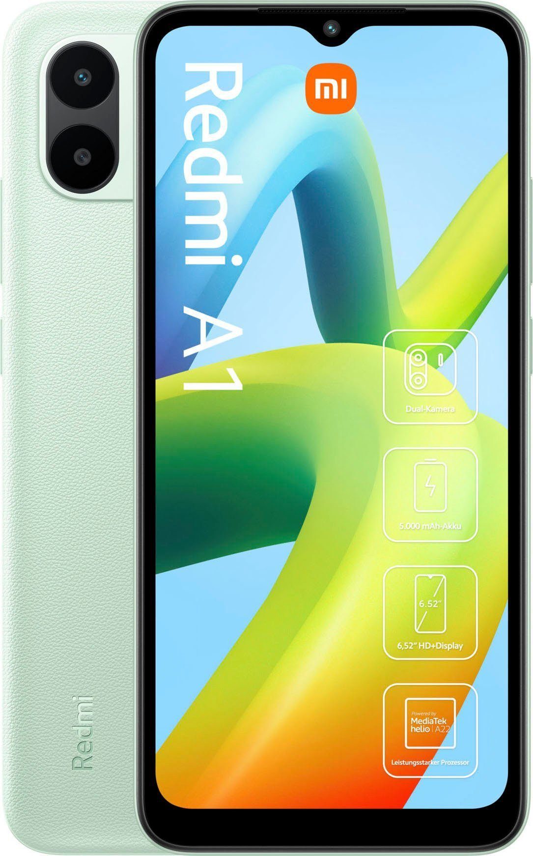 Xiaomi Redmi A1 2+32 Smartphone (16,58 cm/6,52 Zoll, 36 GB Speicherplatz, 8 MP  Kamera), Riesiger 5000-mAh-Akku (typ.) 10-W-In-Box-Ladegerät