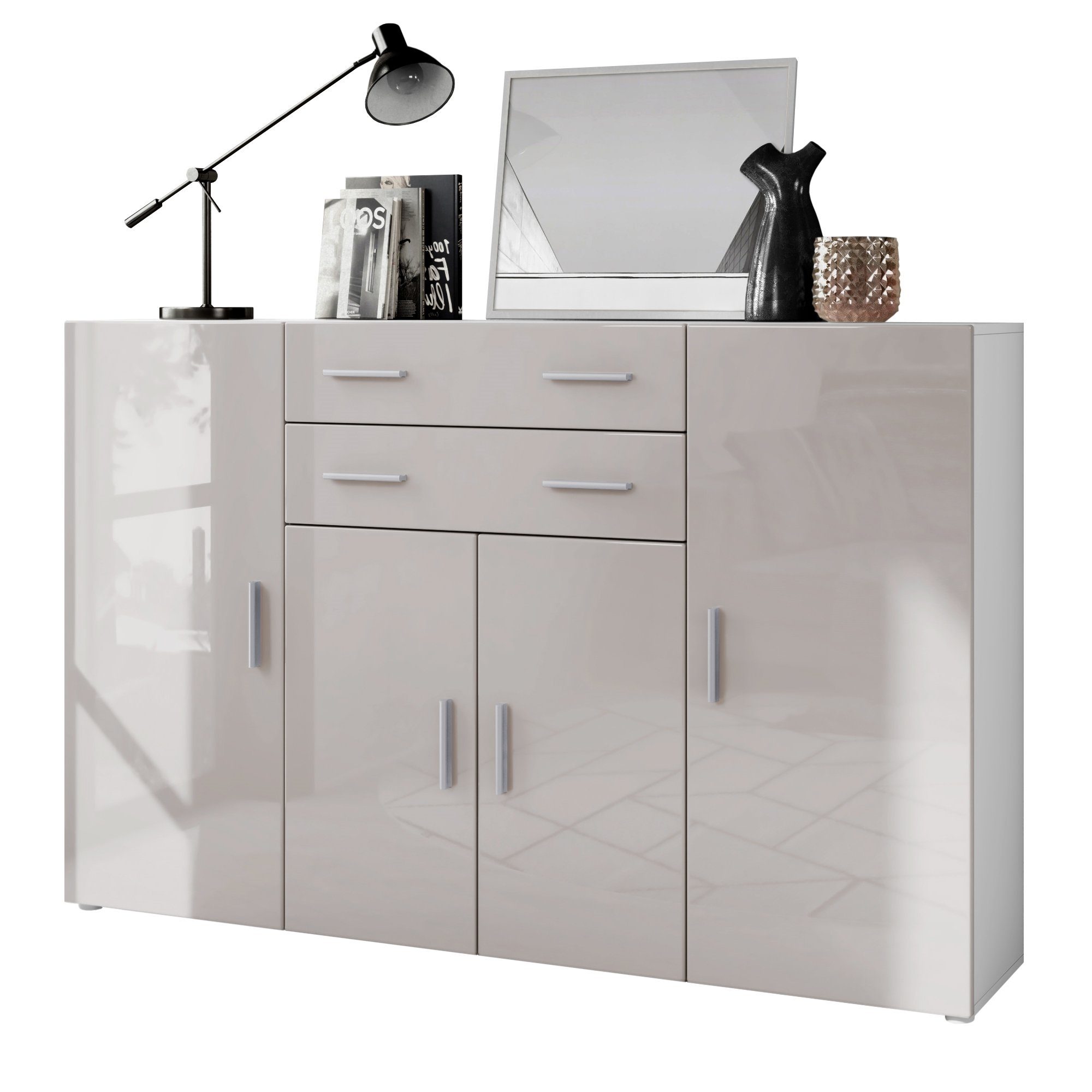 Vladon Highboard Aron (Anrichte, mit 4 Türen und 2 Schubladen), Weiß matt/Sandgrau Hochglanz (166,5 x 106,5 x 35 cm)