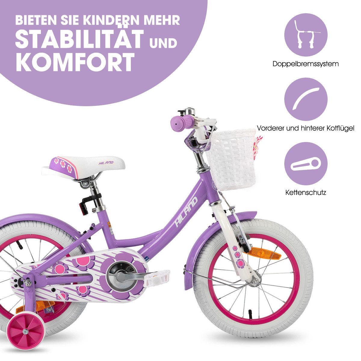 HILAND Kinderfahrrad Petal 12/14/16 Zoll Mädchenfahrrad, Kinderfahrrad für Mädchen, mit Korb und Stützrädern, Kotflügel, Hilfsrad, Fahrradklingel
