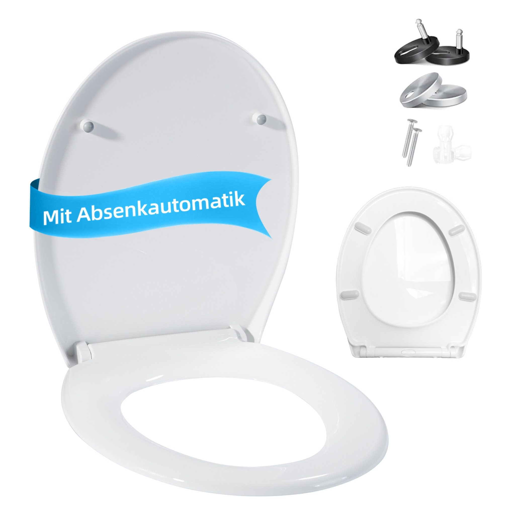 Blossom WC-Sitz Toilettendeckel mit Absenkautomatik, Quick Release, antibakteriell (WC Sitz mit Absenkautomatik, 360° verstellbare Scharniere), Toilettensitz für D-Form, O-Form & eckige WC-Becken, bis 150 kg