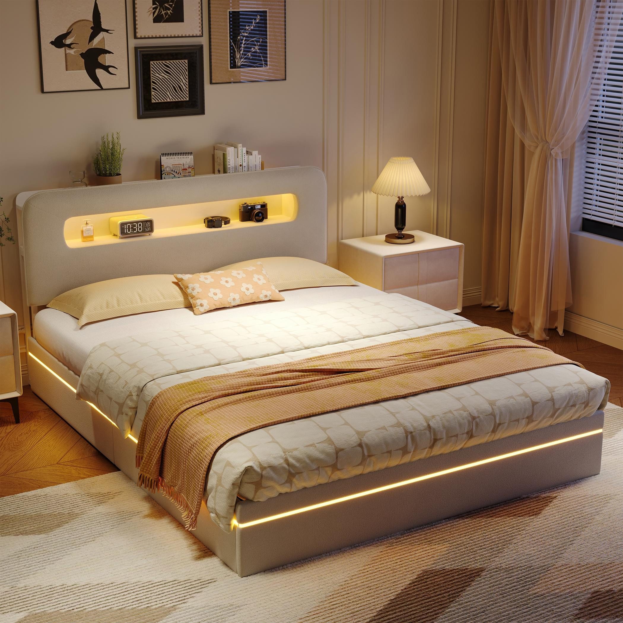NMCXXO Polsterbett LED Doppelbett 140x200 cm (USB-Ladeanschluss), Bettkasten, Ladefunktion, Teddysamt, 140x200
