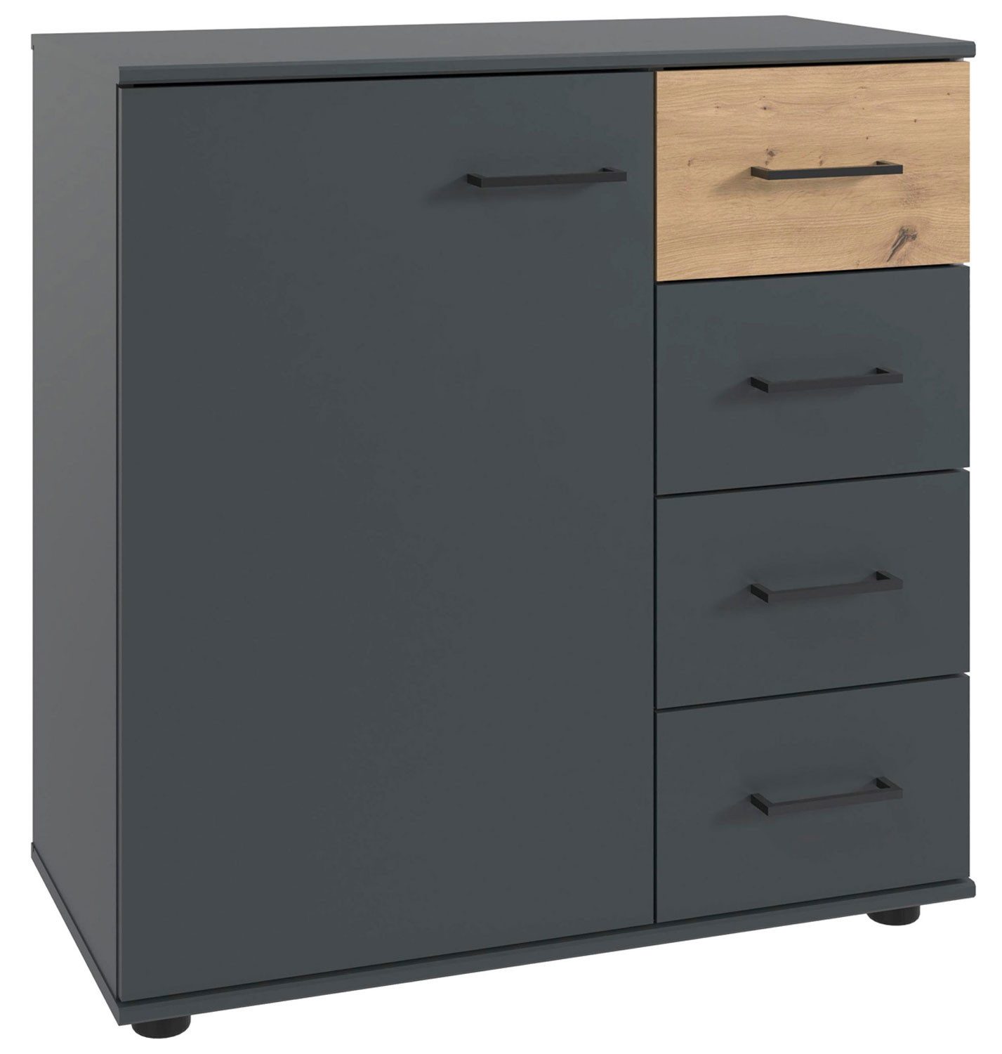 Wimex Kommode Taiga (1 Tür, 1 Einlegeboden, 4 Schubladen, 1 St., moderne Optik, alufarbene Kunststoffgriffe, Füße in Schwarz), 81x41x83cm graphit Eiche Artisan