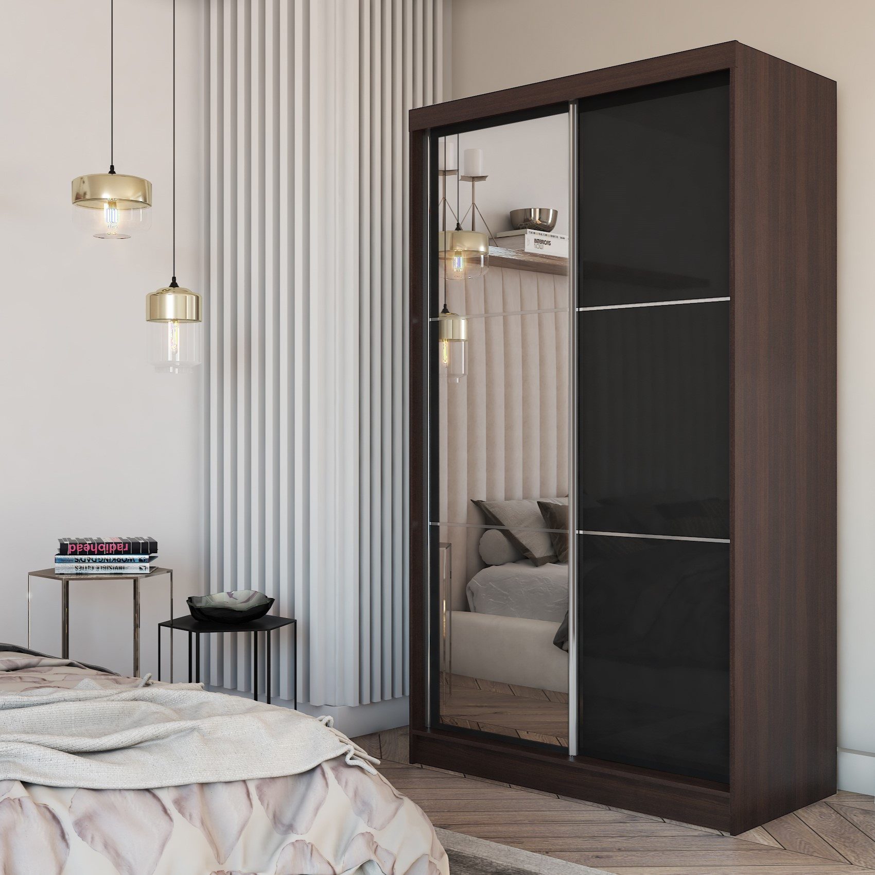 Masseno Schwebetürenschrank VITALE 120 cm Kleiderschrank mit Spiegel 2 Türen Schwarz