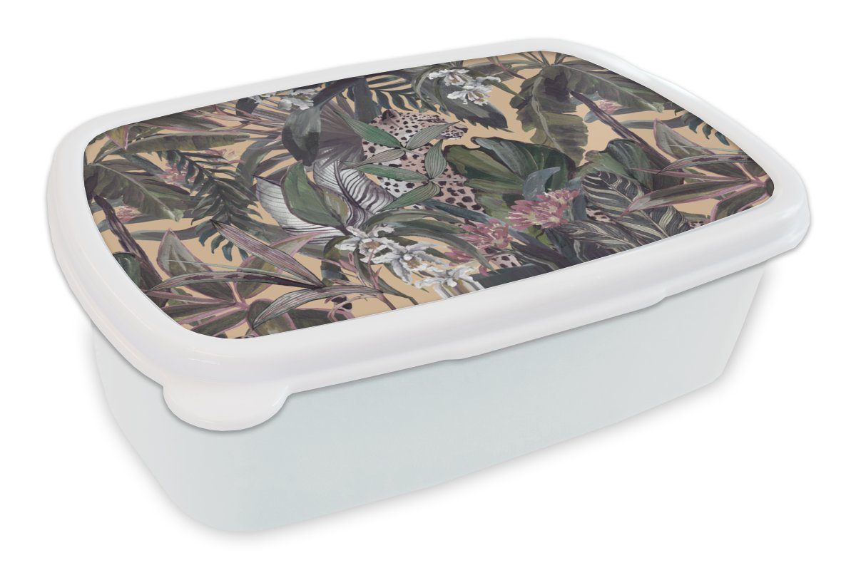 MuchoWow Lunchbox Vintage - Dschungel - Panther - Muster, Kunststoff, (2-tlg), Brotbox für Kinder und Erwachsene, Brotdose, für Jungs und Mädchen weiß