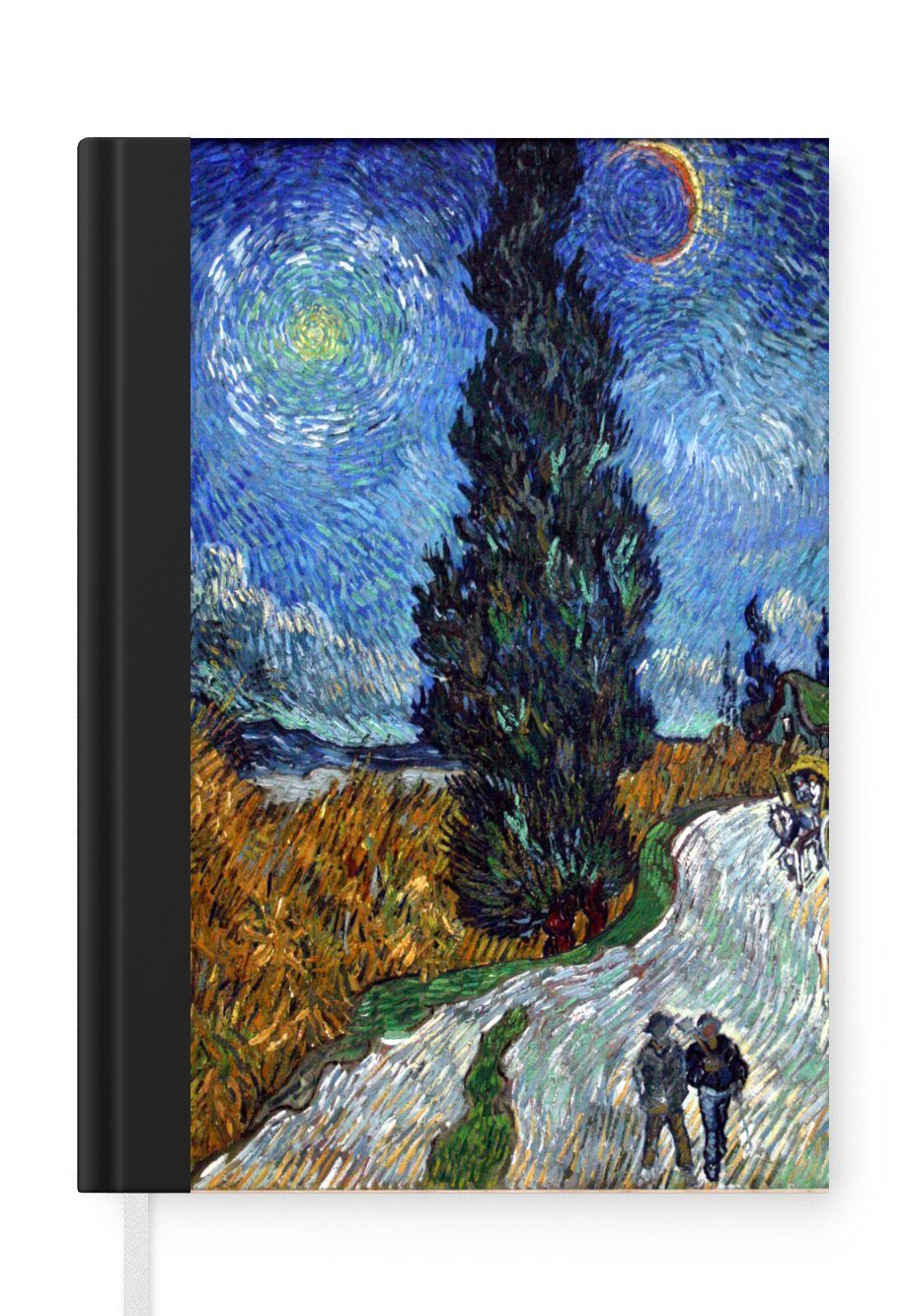 MuchoWow Notizbuch Straße mit Zypresse und Stern - Vincent van Gogh, Journal, Merkzettel, Tagebuch, Notizheft, A5, 98 Seiten, Haushaltsbuch