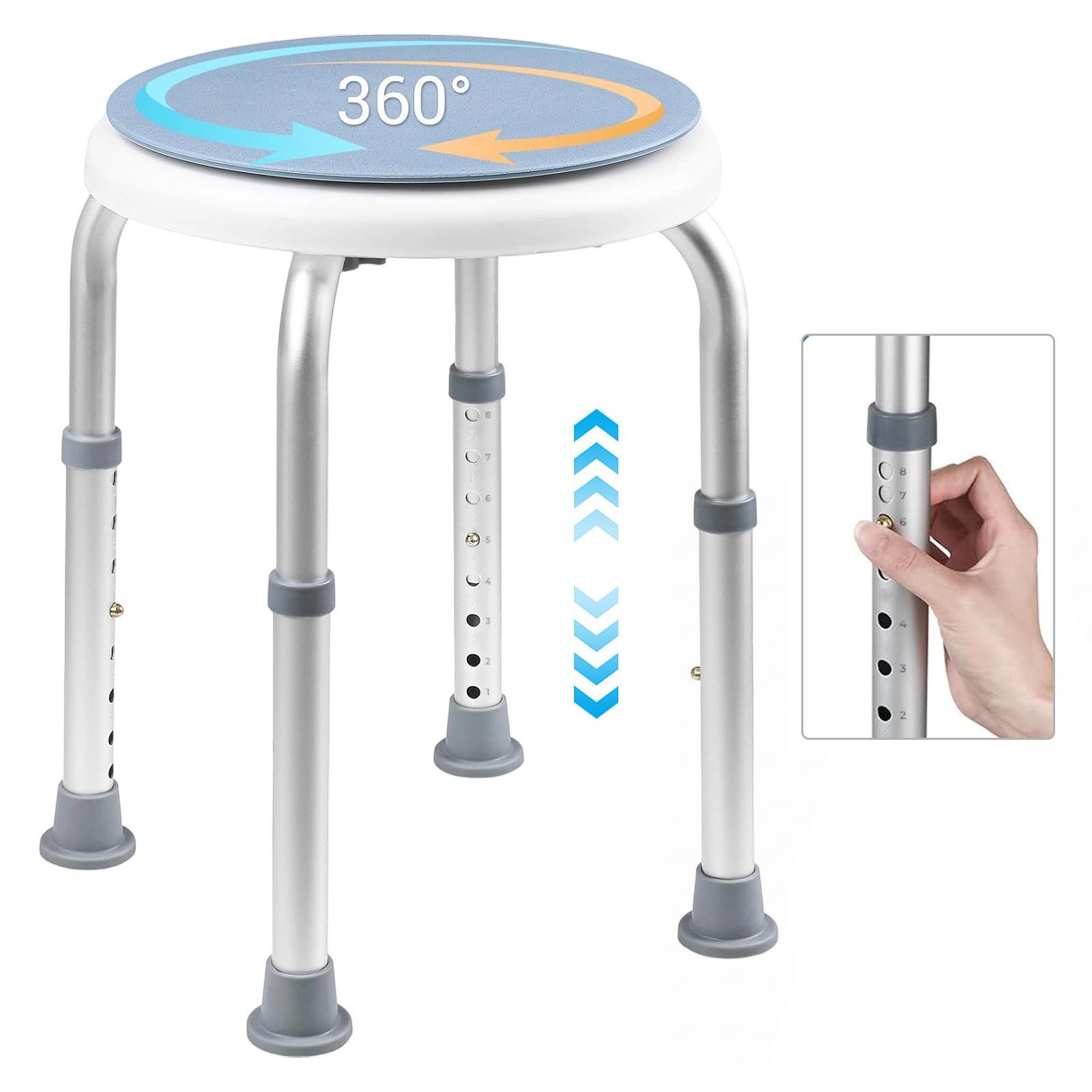 AKKEE Duschhocker 360° drehbarer Hocker Höhenverstellbar Belastbarkeit 136 kg, belastbar bis 136 kg, Badhocker Für ältere Menschen geeignet