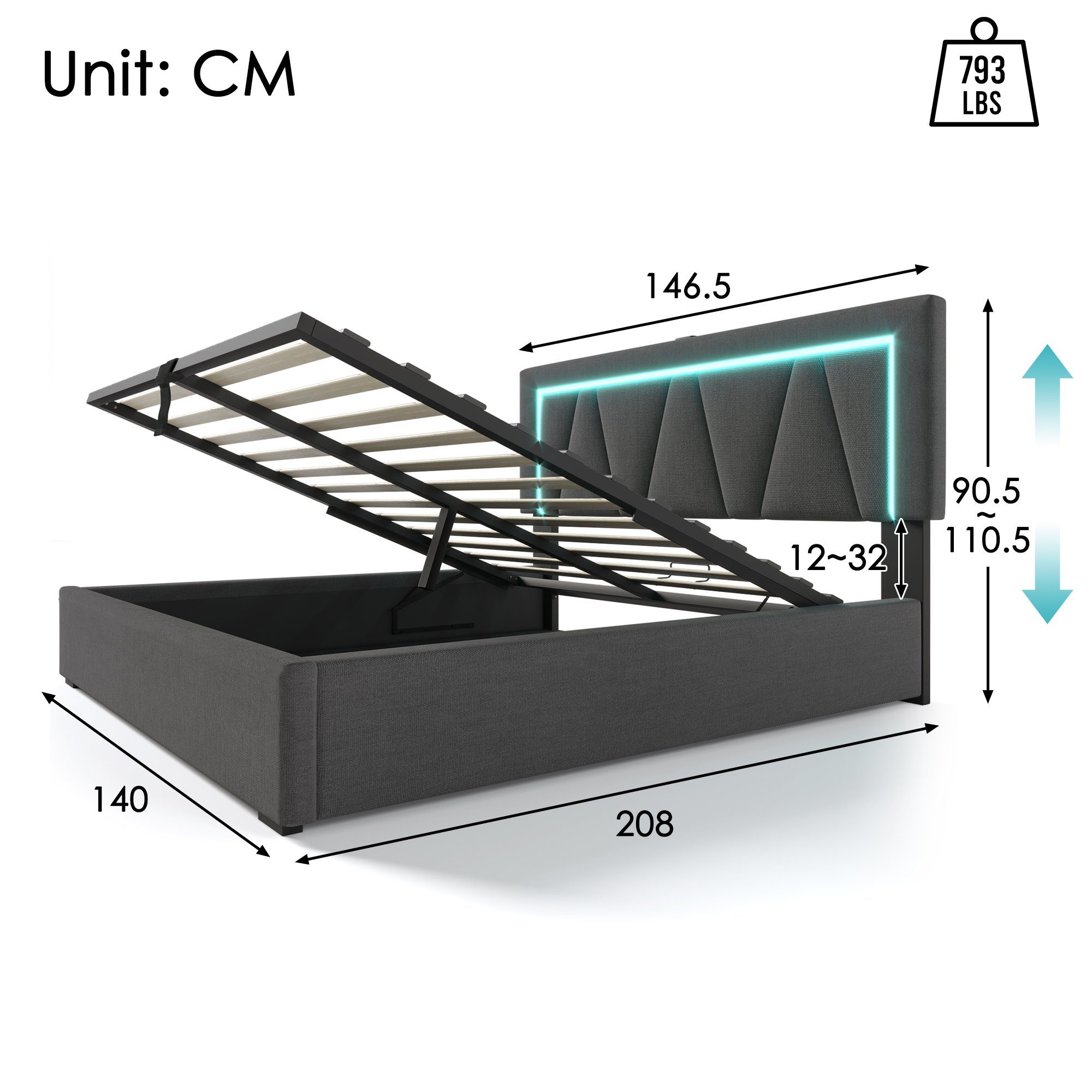 Polsterbett (Stauraumbett mit Lattenrost, 140x200cm), LED Doppelbett mit USB Typ C Ladefunktion, Leinen, Ohne Matratze