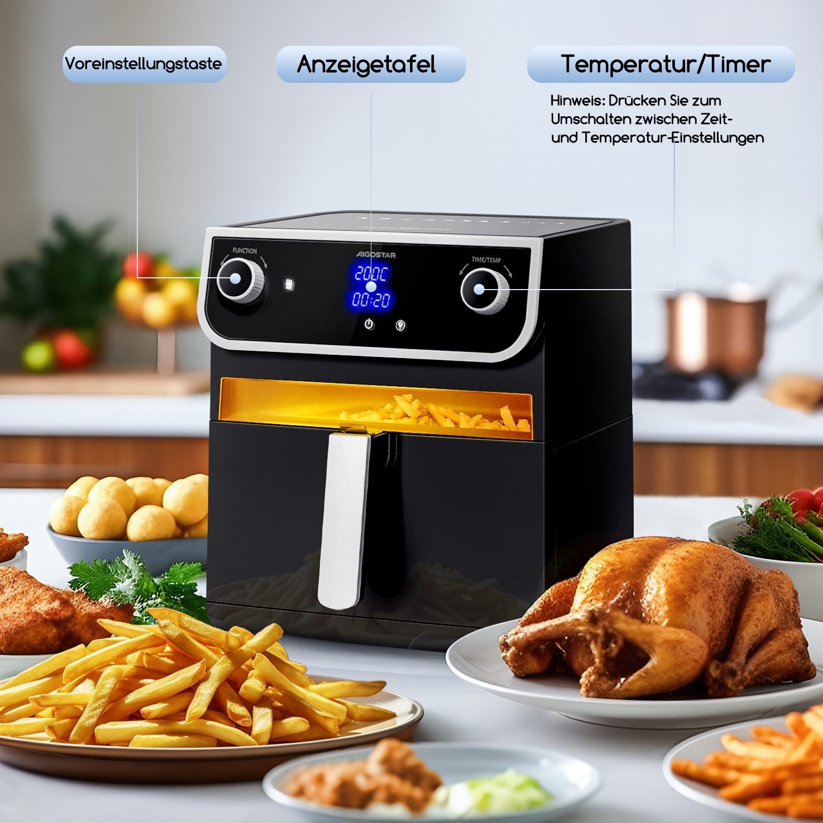 Aigostar Heißluftfritteuse 1700W 8L Airfryer, 12-in-1 Kochvorgaben, Sichtfenster, Energiesparend, 1700,00 W, Timer, Temperatursteuerung, Programmierbar, Funktionen für zwei Zonen