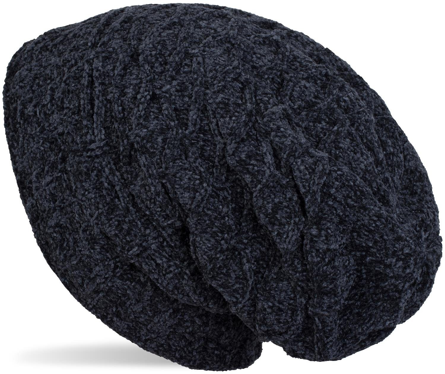 styleBREAKER Strickmütze (1-St) Chenille Beanie Mütze mit Waben Muster Midnight-Blue / Dunkelblau