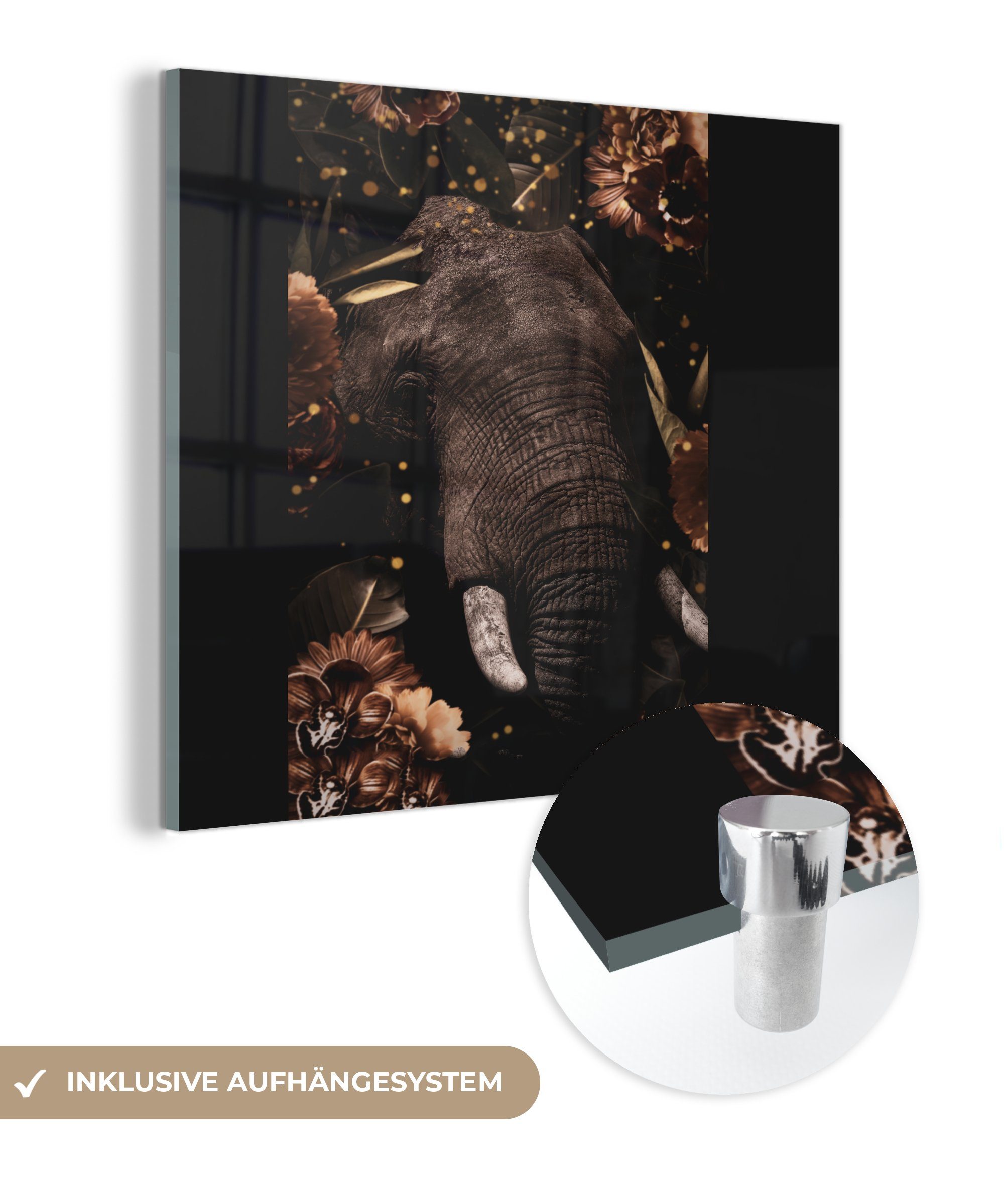 MuchoWow Acrylglasbild Elefant - Tiere - - Bilder auf Blumen St), (1 Wandbild Wanddekoration - - Glasbilder Glas auf Glas Licht, Foto 