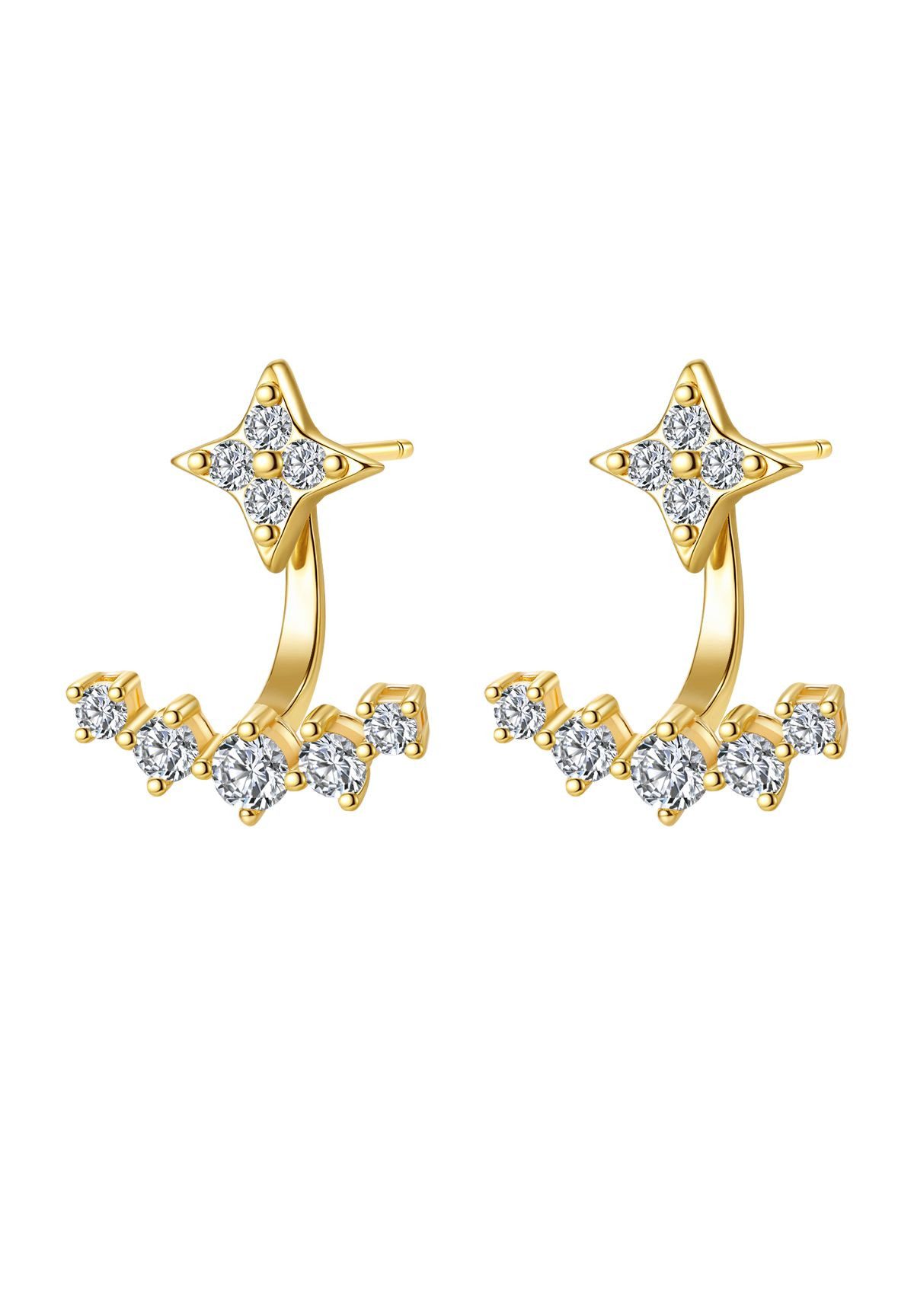 Hey Happiness Paar Ohrhänger Cosmic Kristall Stern, Ear Jacket Ohrringe Silber 925 für Damen, vergoldet