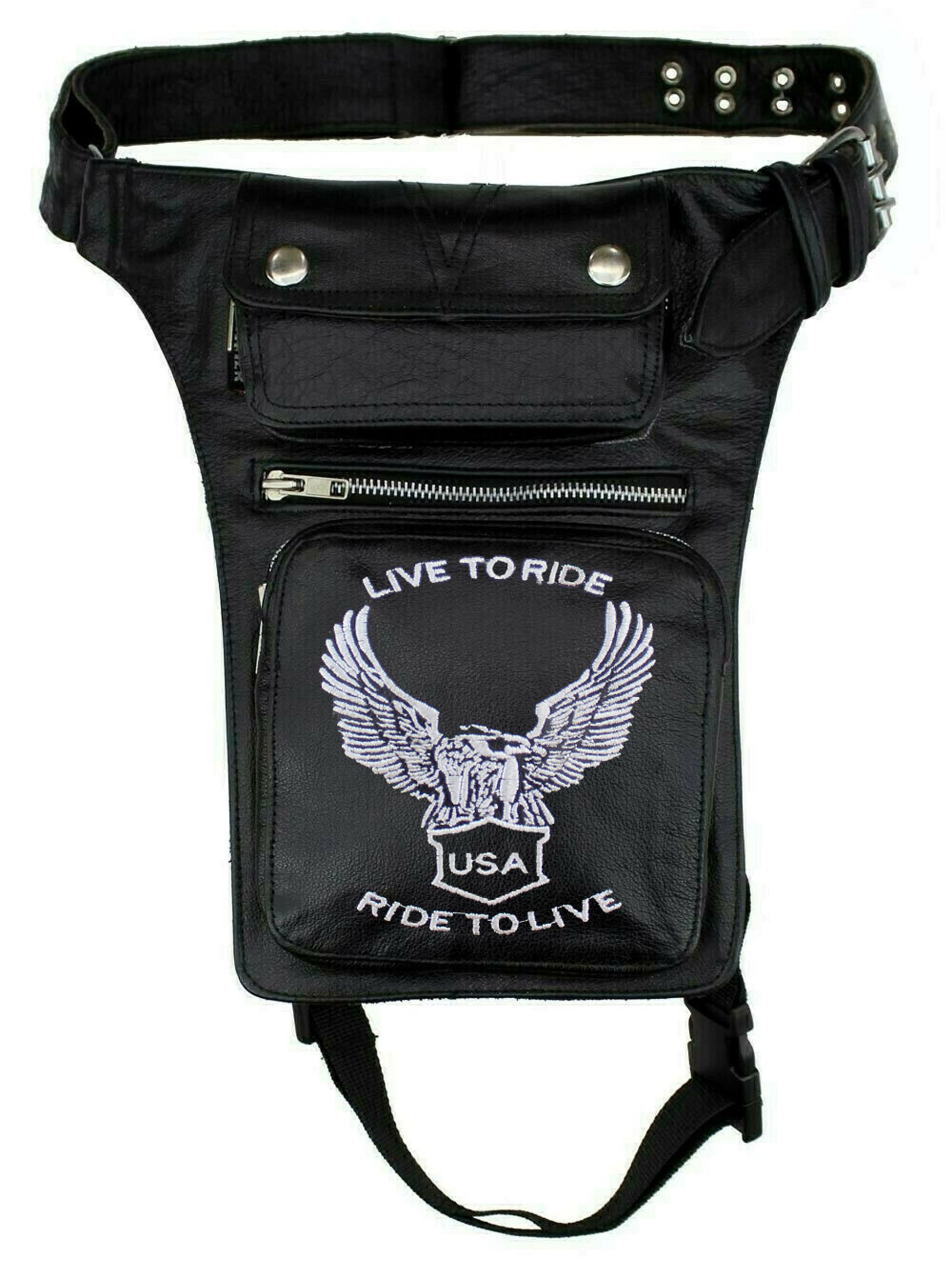 Alpha Speeds Beintasche / Bauchtasche aus Leder (Motorrad & Freizeit) mit weißem Adler-Motiv, hochwertiges Echtleder, 3 Frontfächer & 1 großes Rückfach