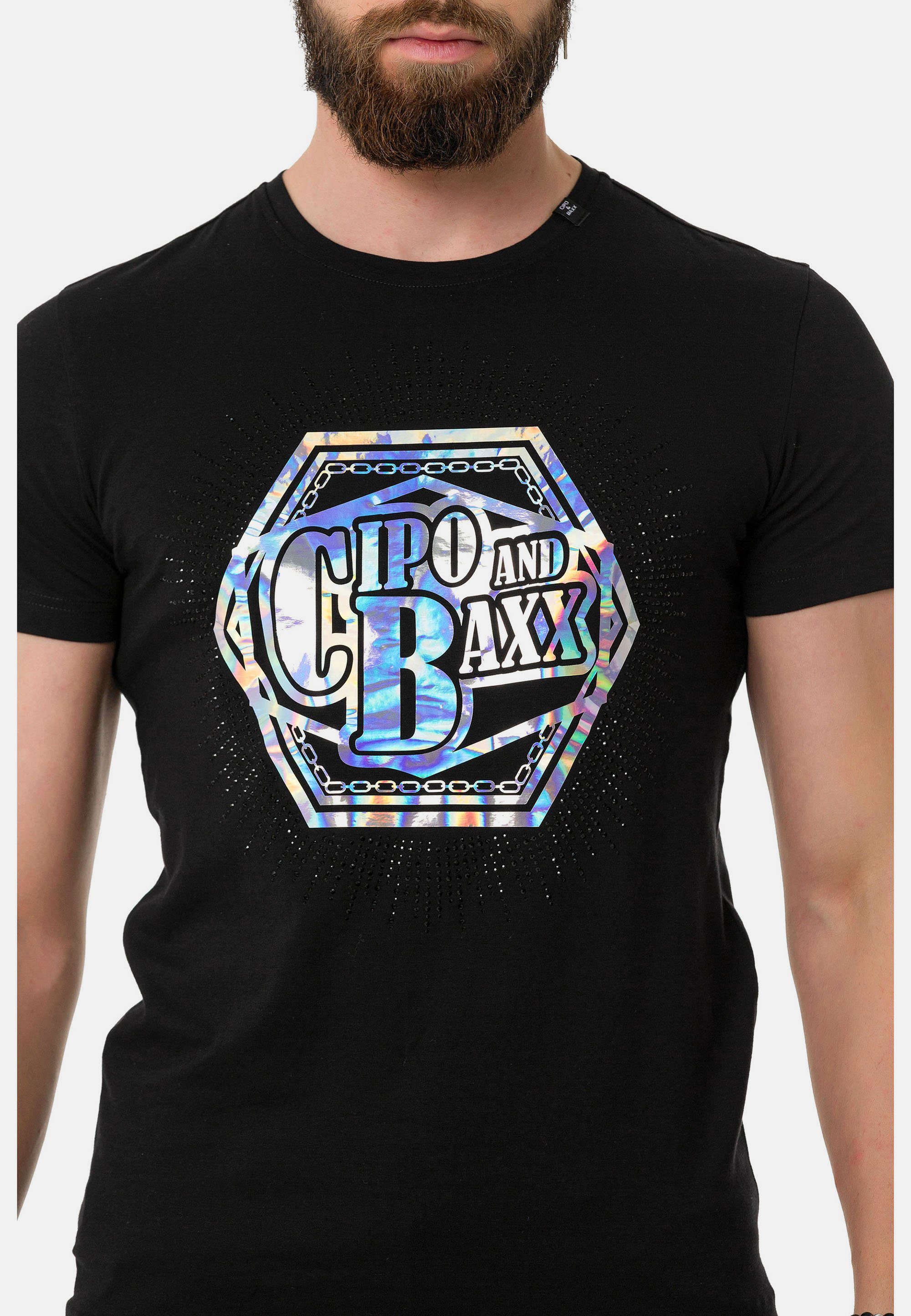 T-Shirt farbenfrohem Marken-Schriftzug schwarz & Cipo mit Baxx