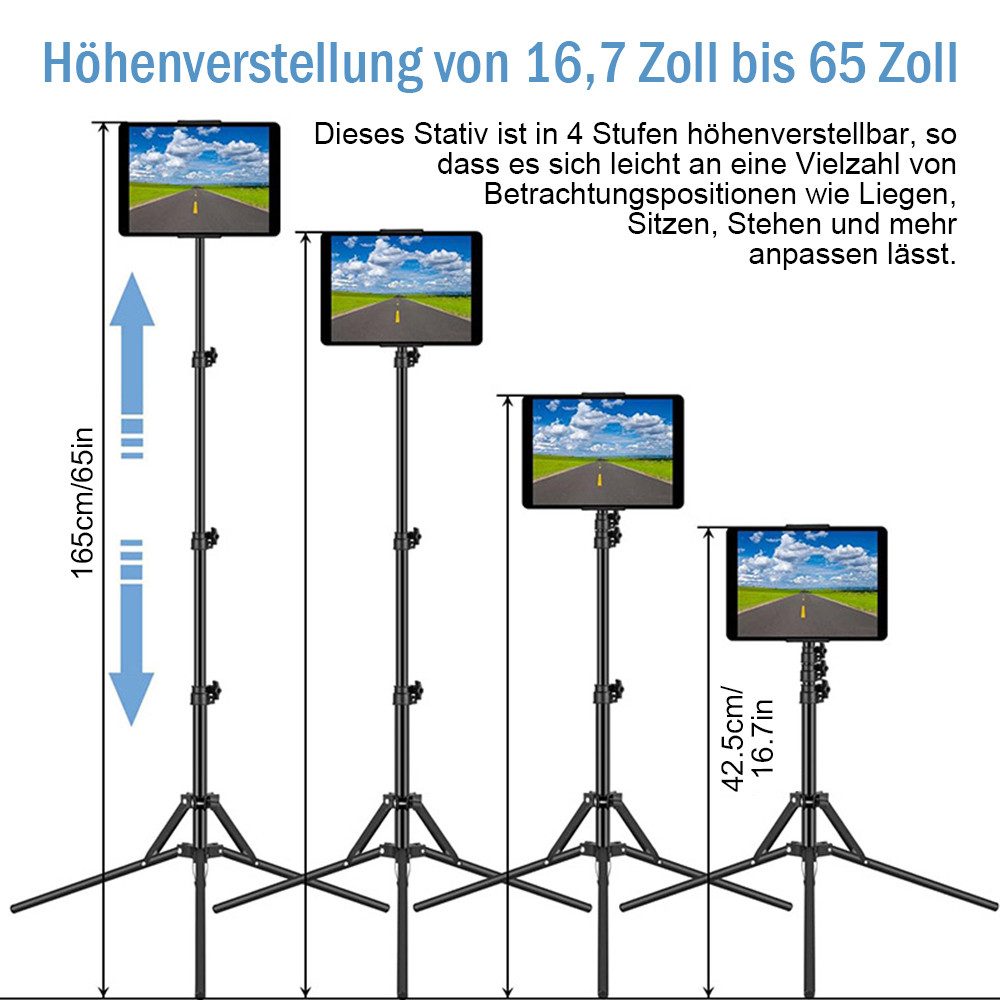 TUWENA Tablet-Halterung Tablet Halterung Stativ, Drehung Höhenverstellbar Tablet Bodenständer, (Höhenverstellbar bis 65” für iPad,iPhone und Alle 4,5-12.9 Zoll Tablet)